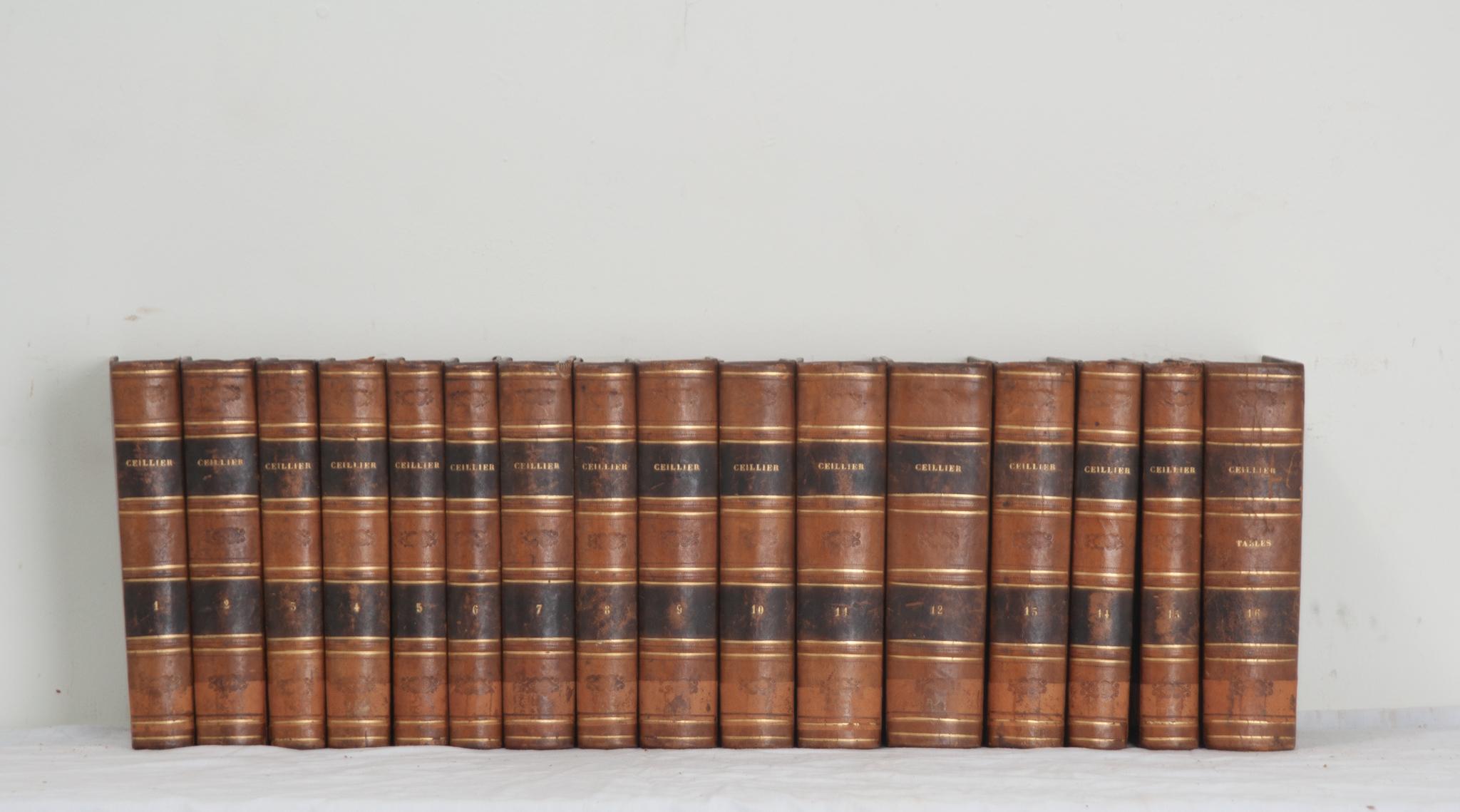 A collection of sixteen volumes by French priest  R. F. Dom Remy Ceillier. This set of books are bound in leather with gold lettering stating the author and respective volume. Written from 1858-1868, Histoire Générale des Auteurs Sacrés et