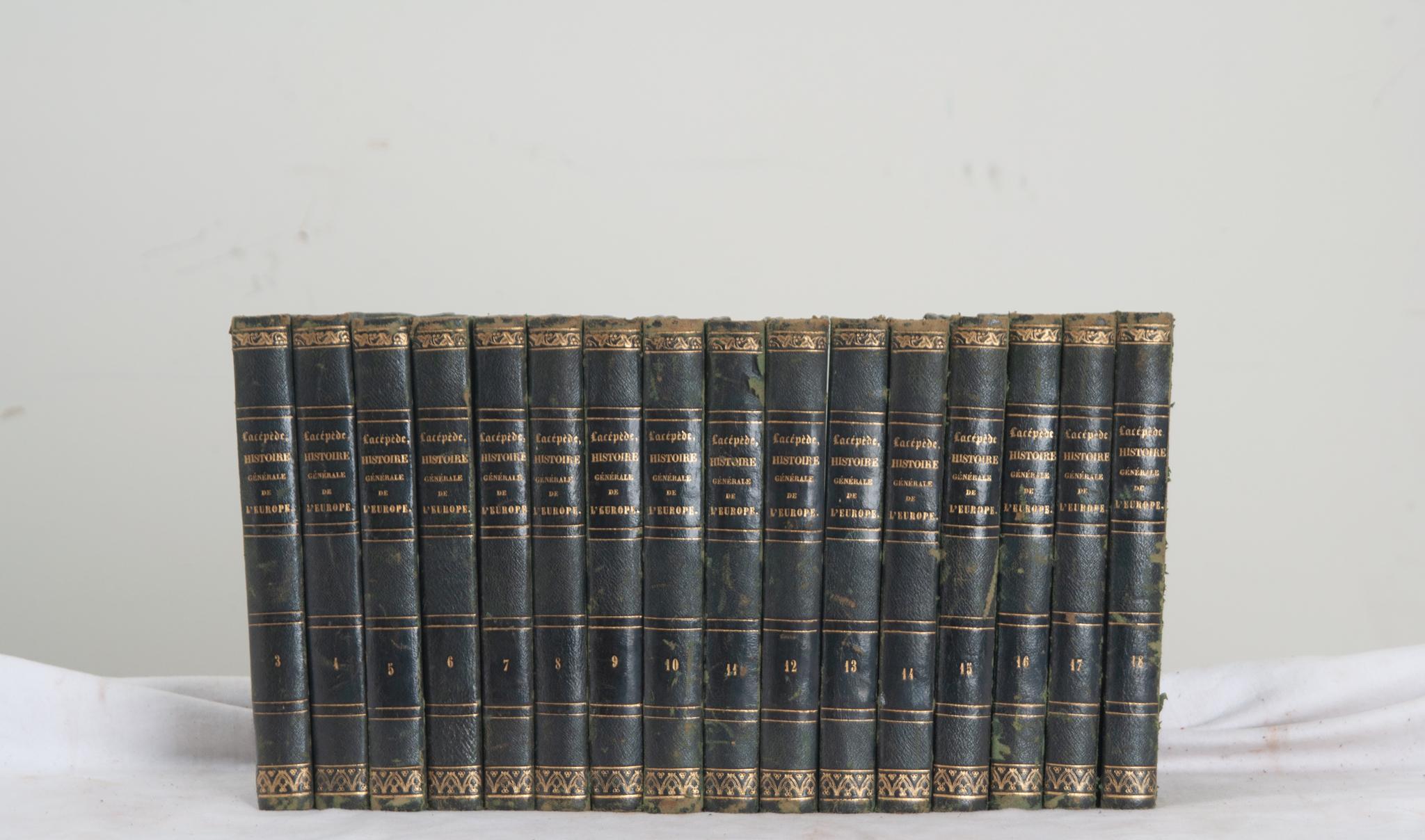 A collection of sixteen French history volumes by M. LeCount de Lacépede. This set of books are bound in leather with gold lettering stating the author, title, and respective volume. Written in 1826, Histoire Générale, Physique et Civile de L’Europe