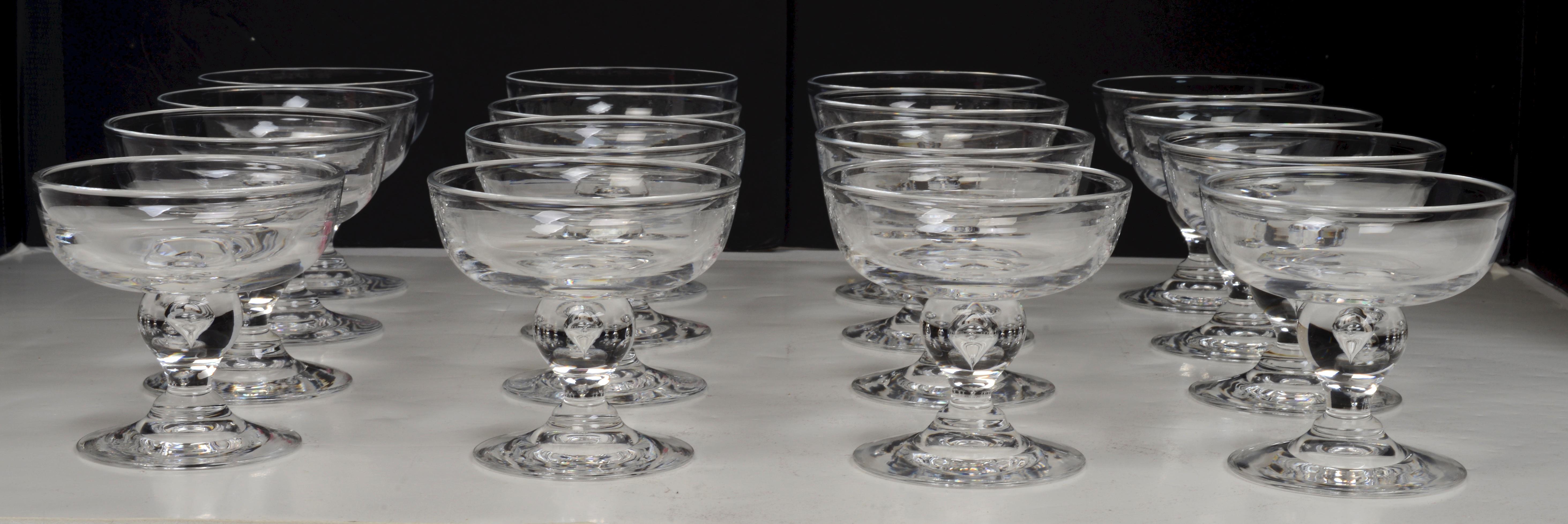 Mid-Century Modern Set of 16 George Thompson Designed Steuben Champagne/Coupe/Tall Sherbet Glasses For Sale