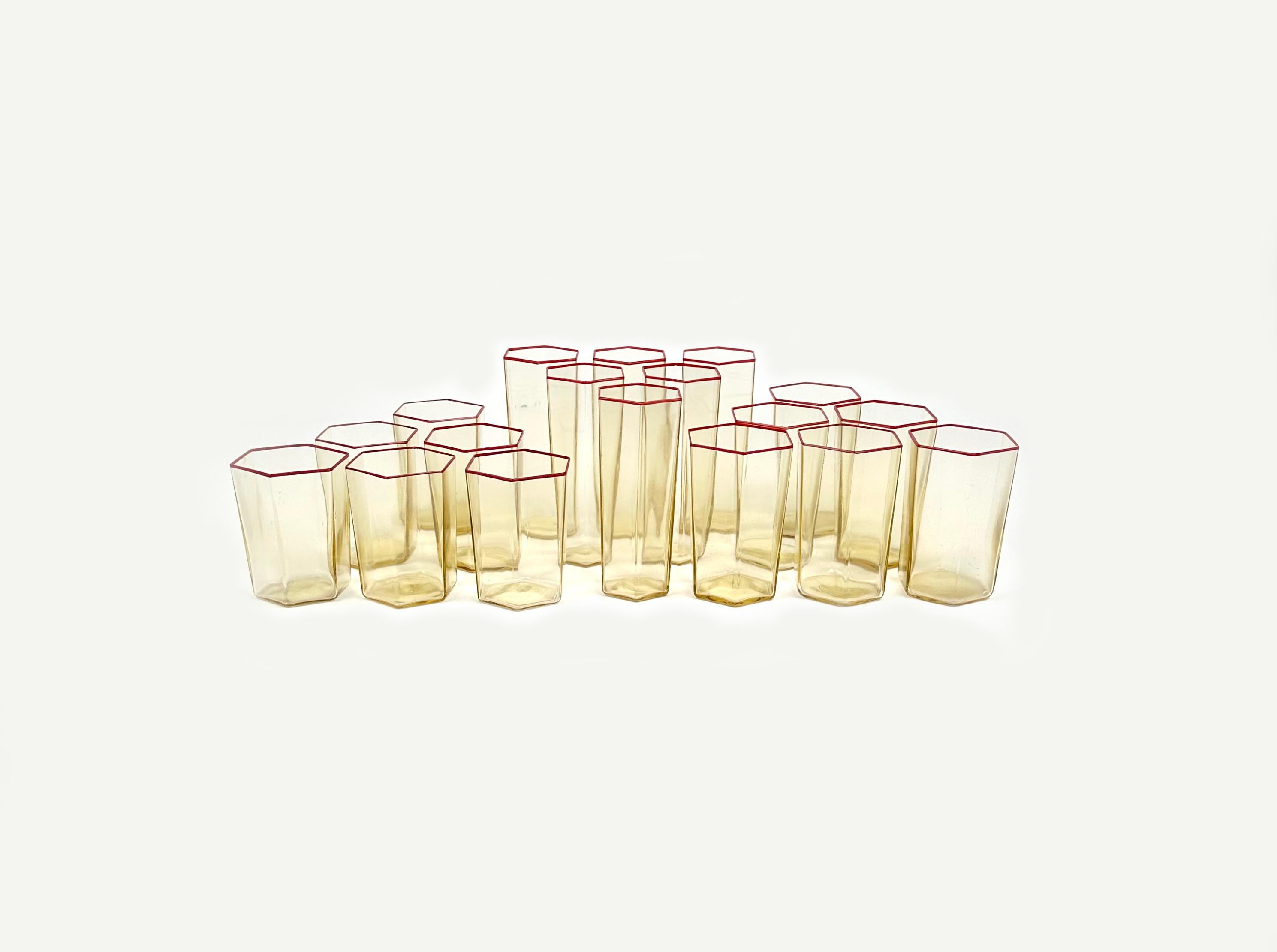 Italian Set of 18 Hexagonal Glasses Attributed to Carlo Scarpa for Venini, Italy 1960s