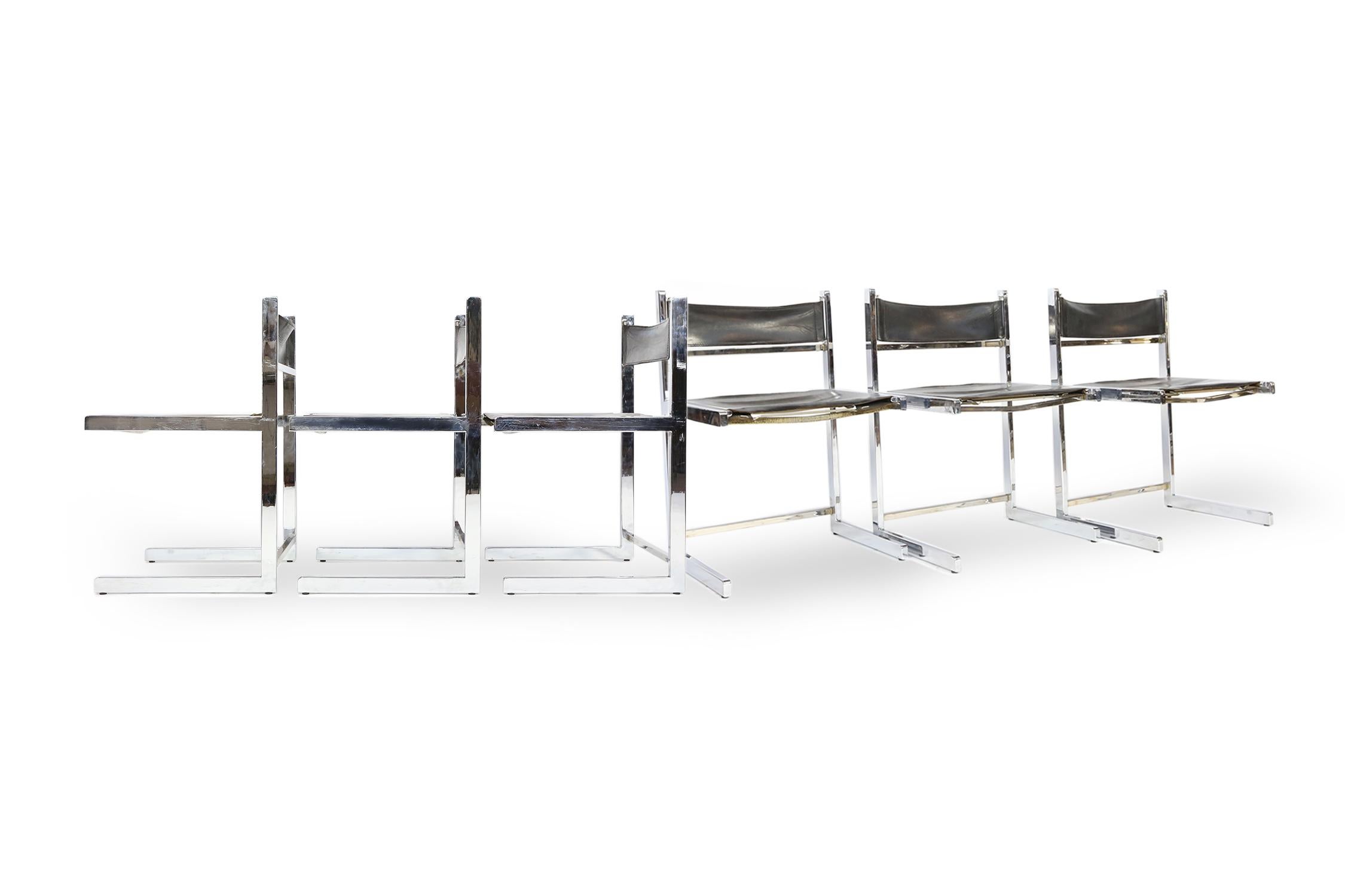 Mid-Century Modern Set of 16 Italian Chrome and Tan Leather Cubist Dining chairs, 1970s