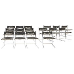 Set of 16 Italian Chrome and Tan Leather Cubist Dining chairs, 1970s