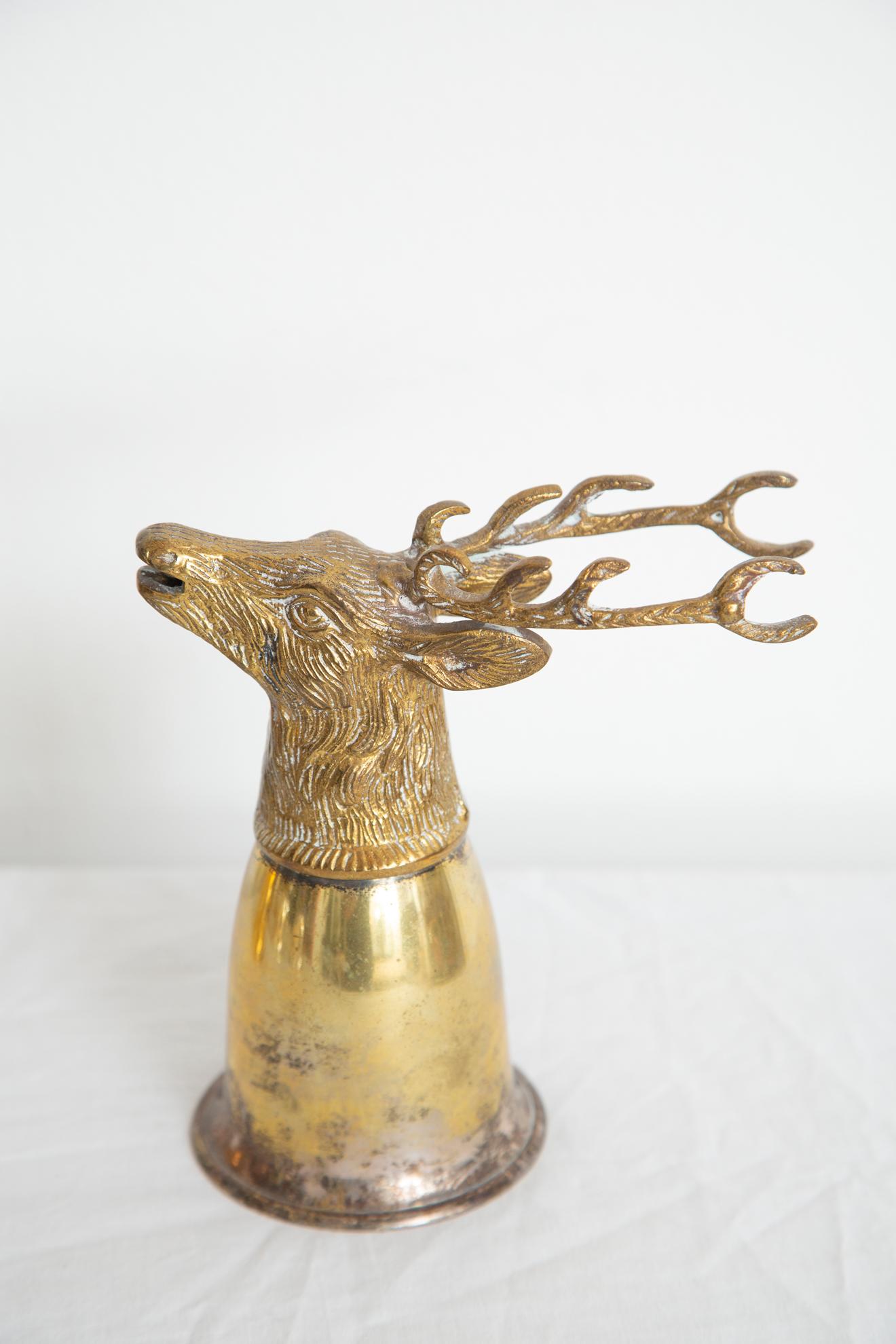 Late 20th Century Set of 16 Large Brass Stirrup Cups Goblets with Animal Heads, Stags