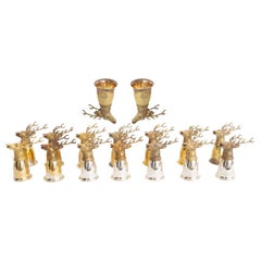 Set of 16 Large Brass Stirrup Cups Goblets with Animal Heads, Stags