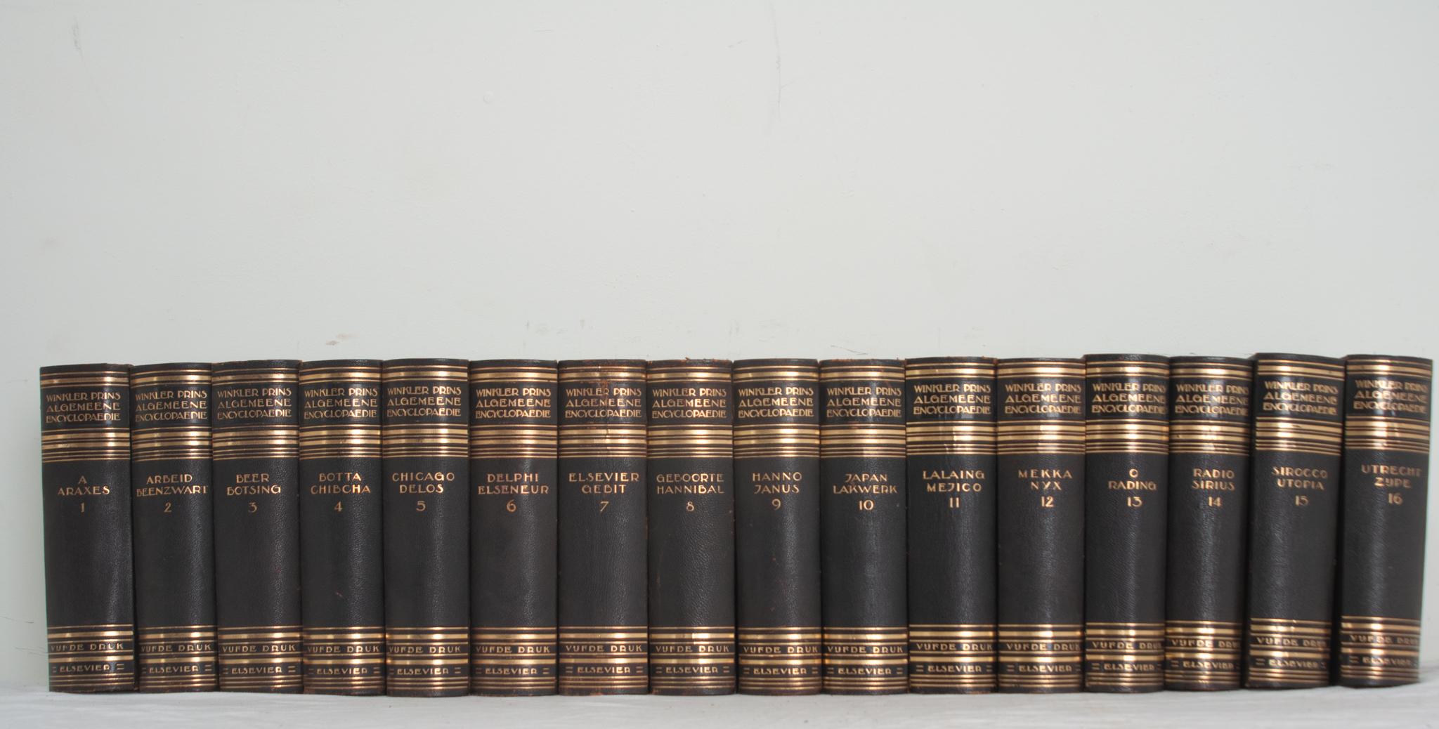 Hand-Crafted Set of 16 Leather Bound Dutch Encyclopedias For Sale