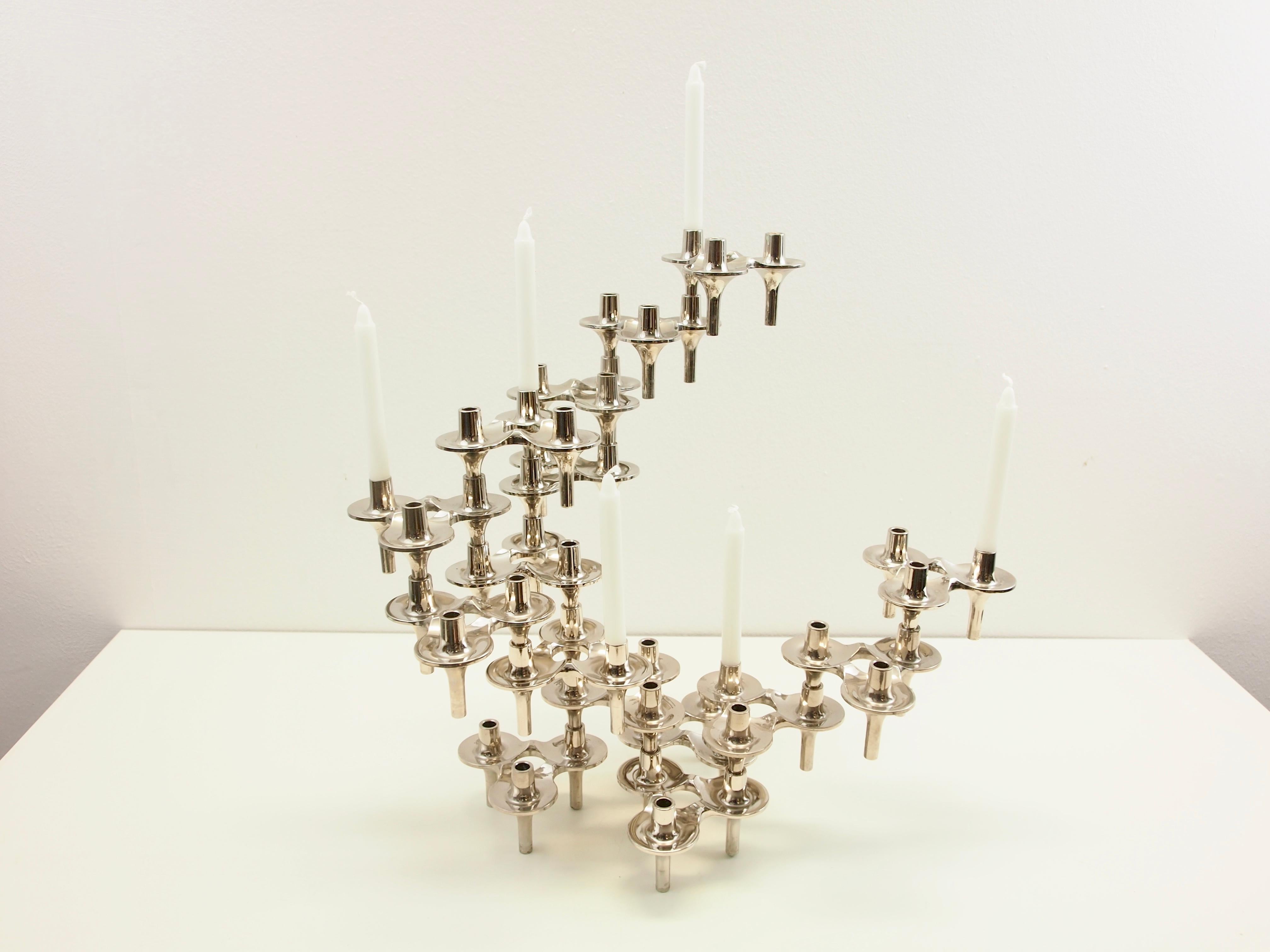 Sculpture of 16 modular vintage midcentury candleholders by Fritz Nagel and Ceasar Stoffi for BMF model 