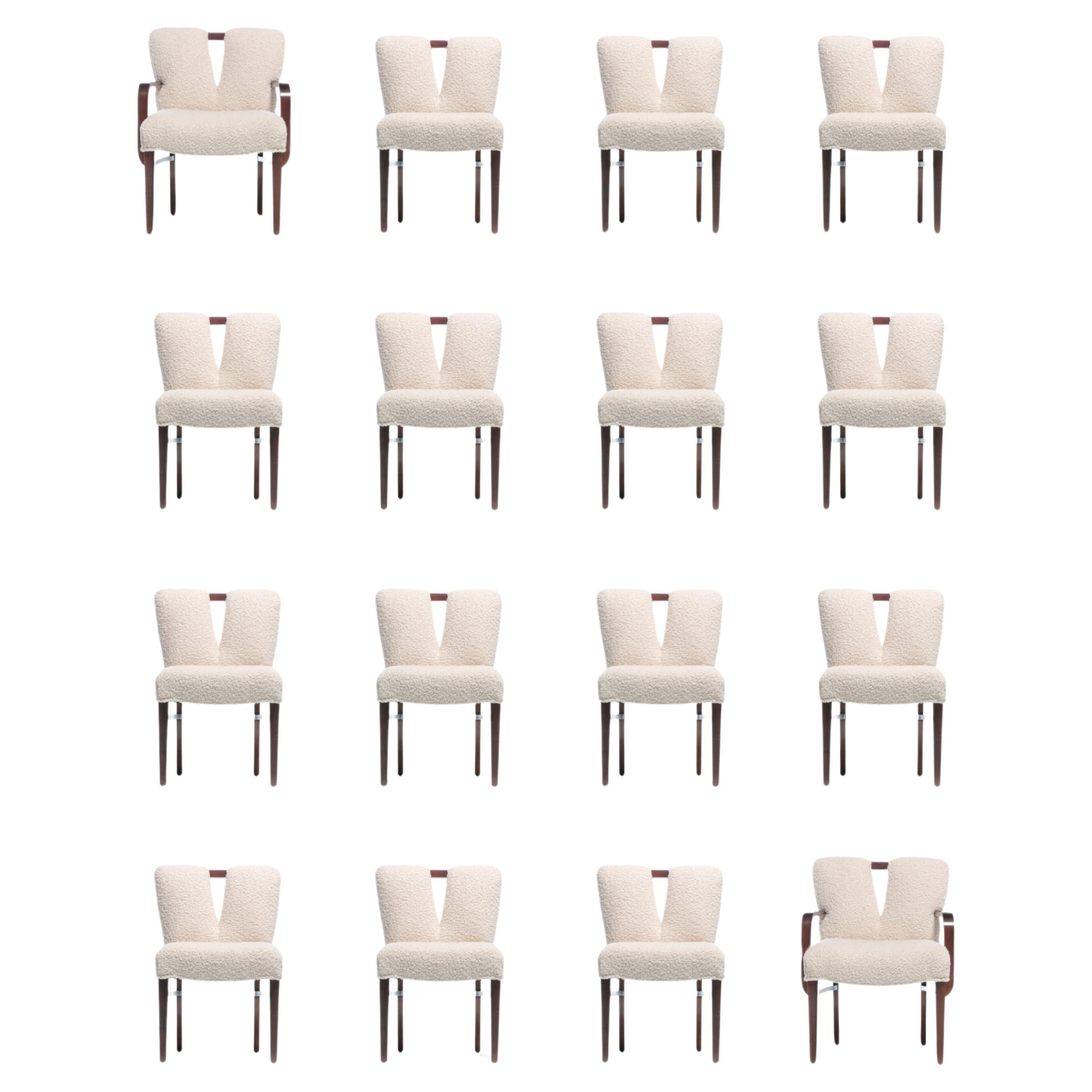 Set of 16 Paul Frankl Corset Back Dining Chairs in Ivory White Bouclé, c. 1950s