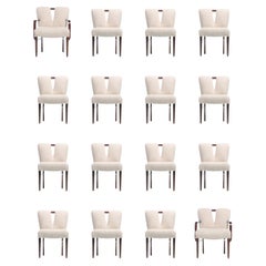 Set of 16 Paul Frankl Corset Back Dining Chairs in Ivory White Bouclé, c. 1950s