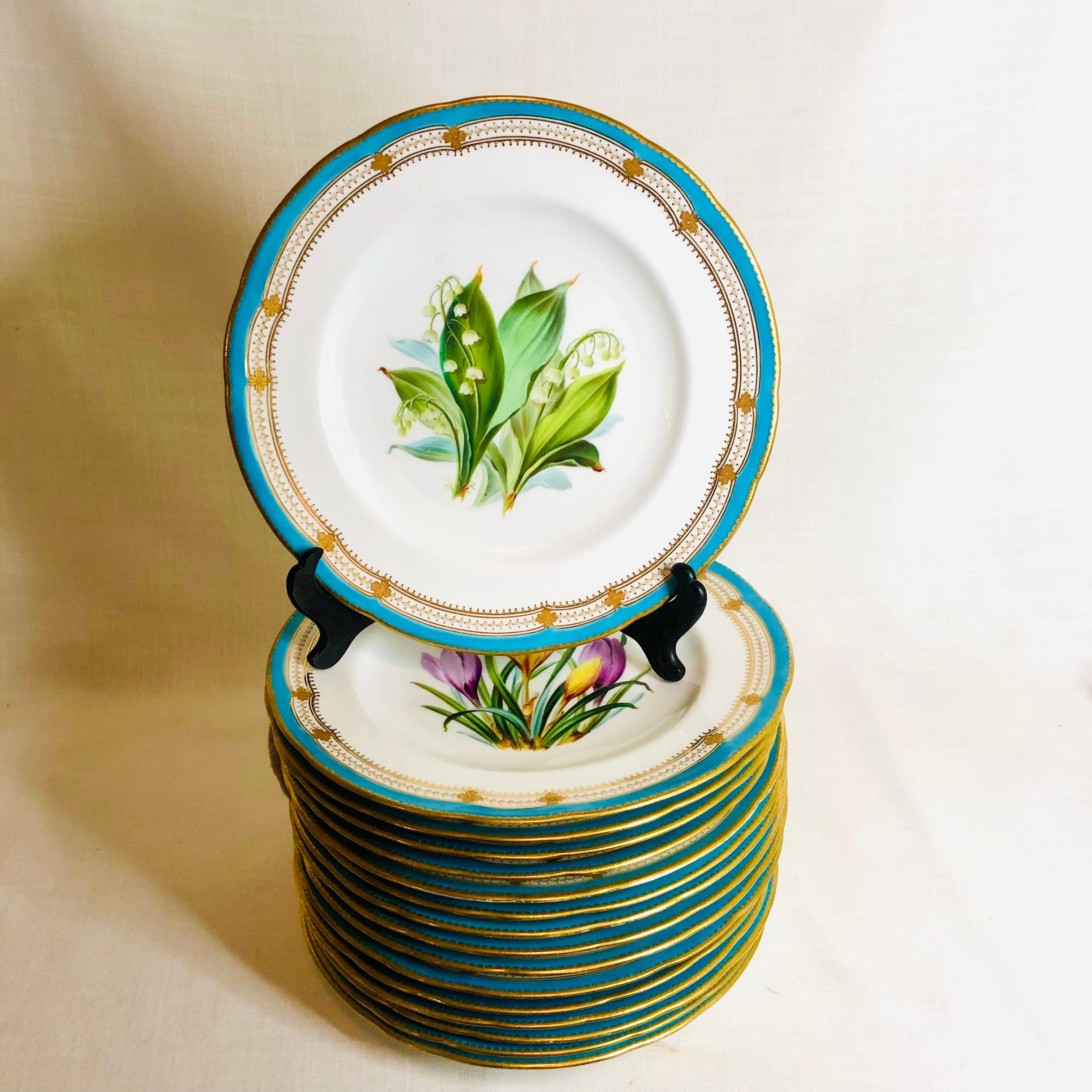This is the most beautiful rare set of antique Minton dessert or luncheon plates. Each plate is painted with a different bouquet of flowers and each flower bouquet has museum quality painting, as you can see in the attached pictures. Each plate has