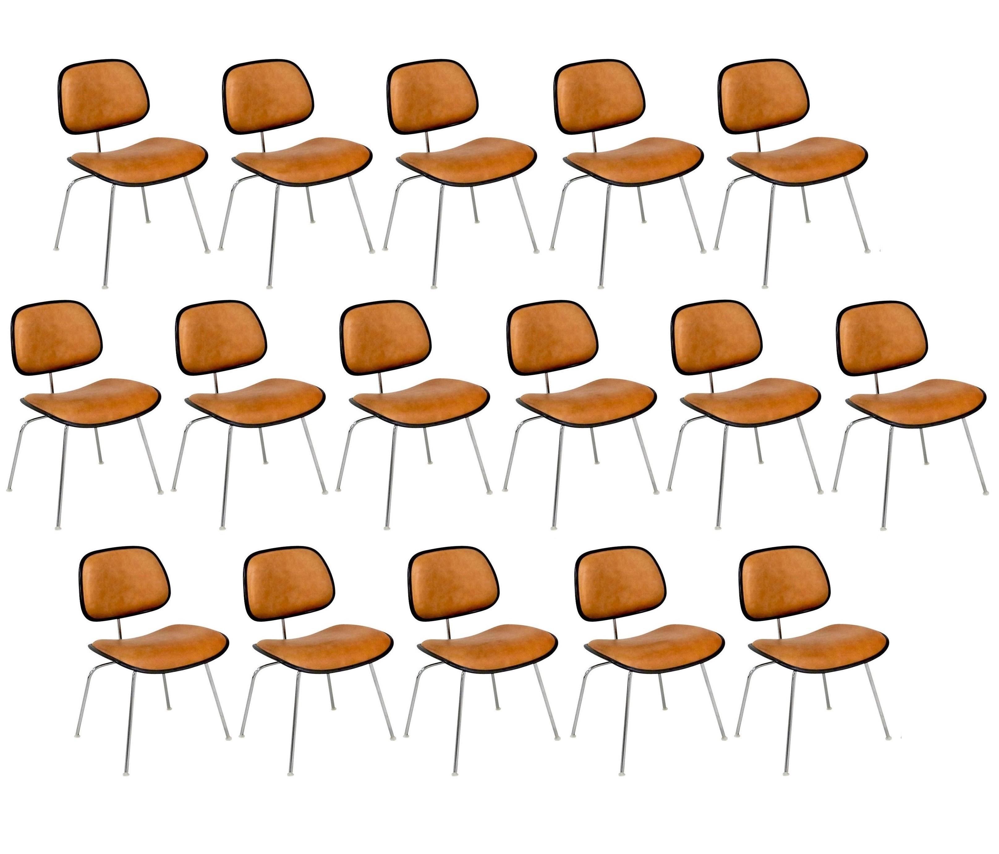 Set of 16 Saddle Leather DCM Chairs by Eames for Herman Miller