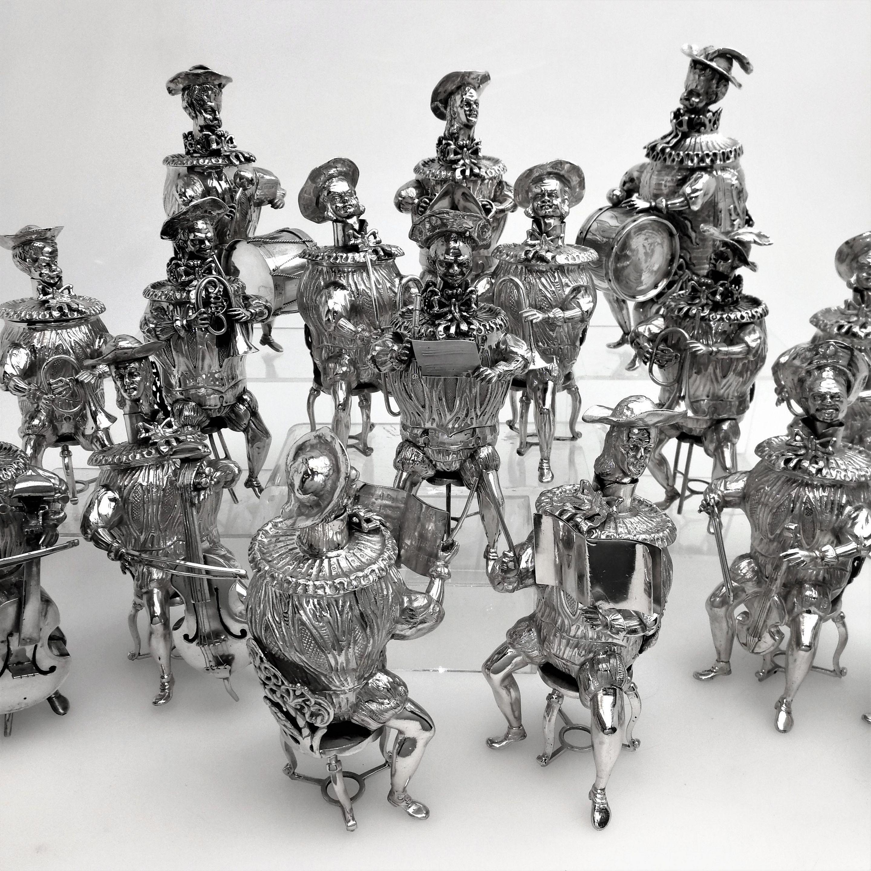 Renaissance Set of 16 Solid Silver Musician Models Table Figures Hanau Germany, circa 1900