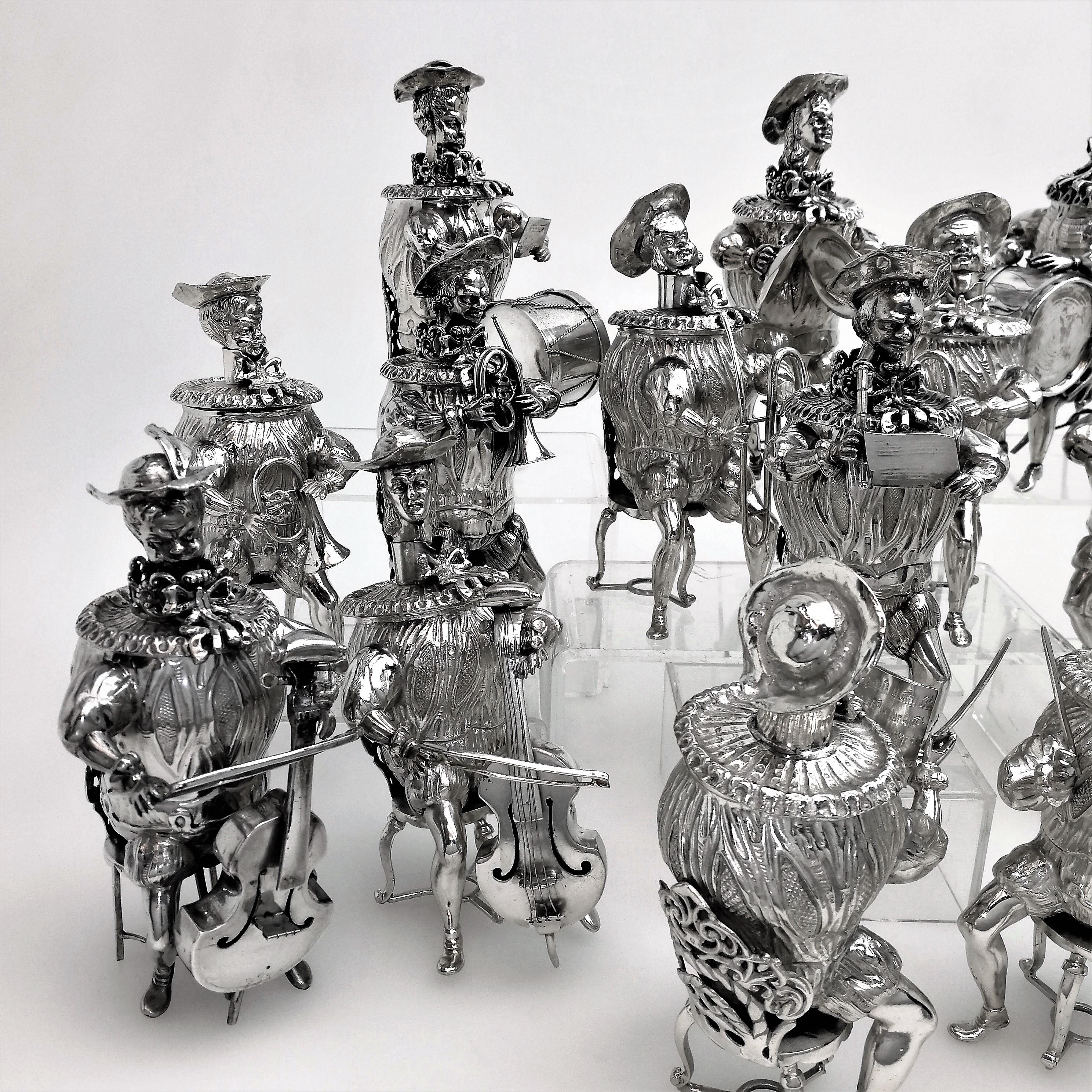 Early 20th Century Set of 16 Solid Silver Musician Models Table Figures Hanau Germany, circa 1900