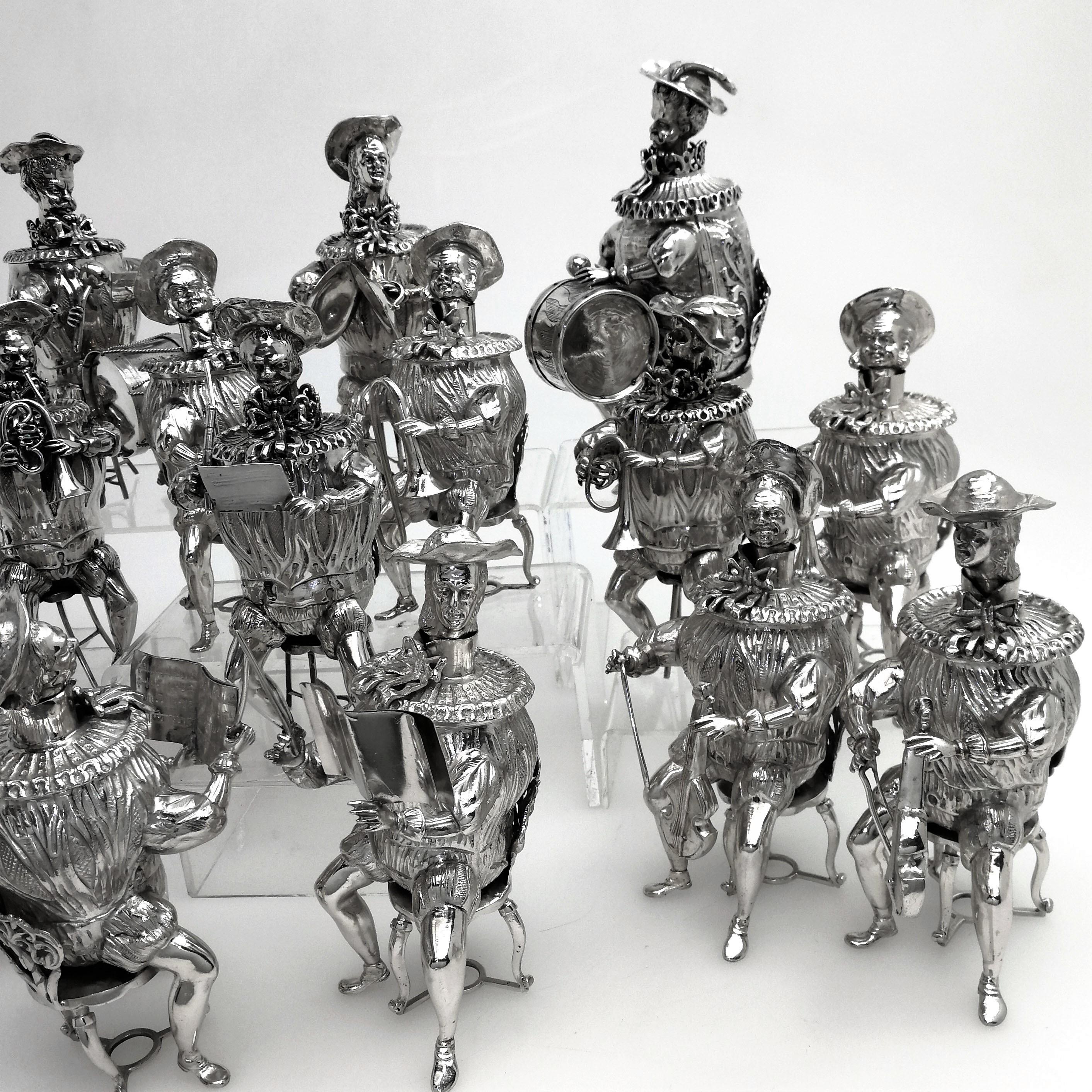 Set of 16 Solid Silver Musician Models Table Figures Hanau Germany, circa 1900 1