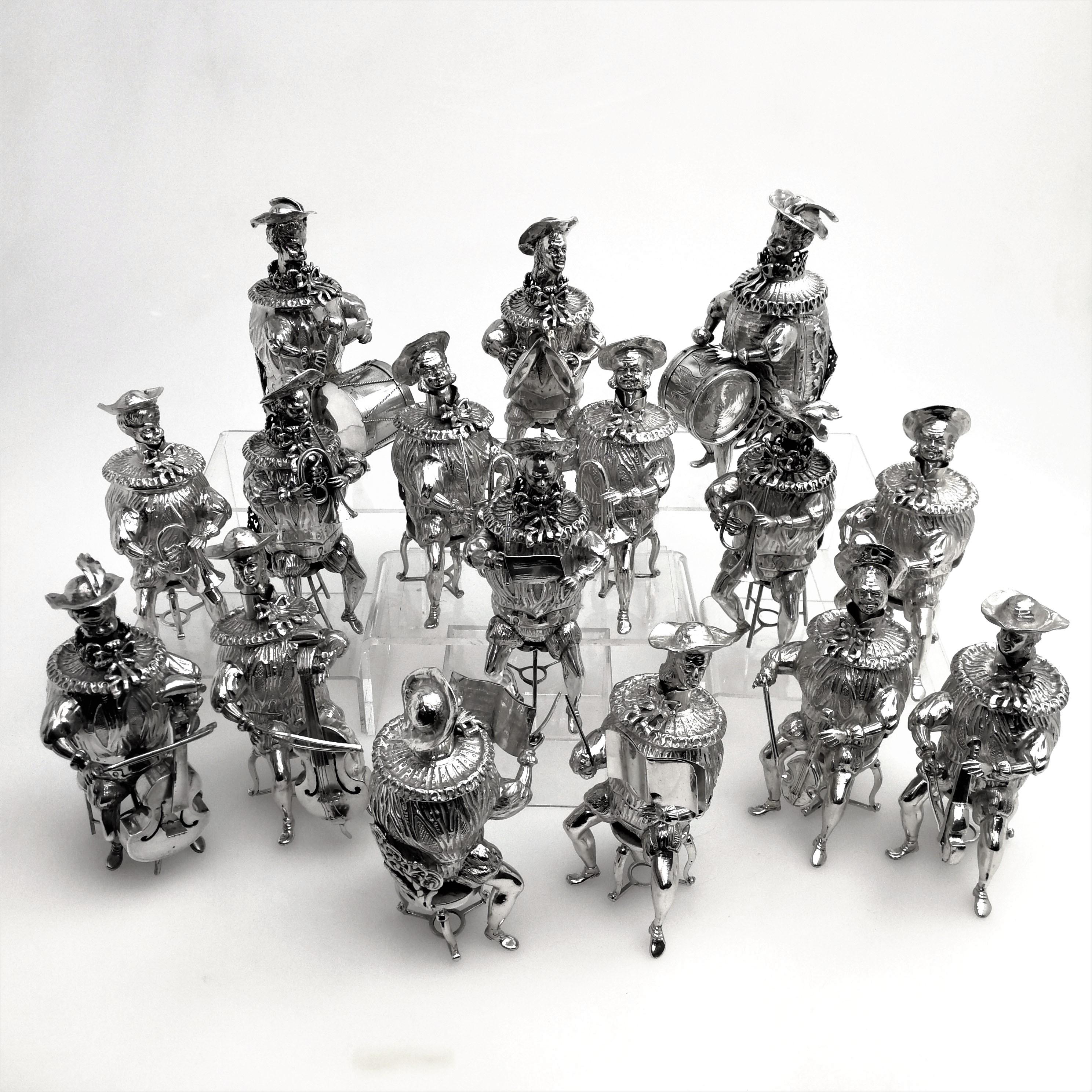 Set of 16 Solid Silver Musician Models Table Figures Hanau Germany, circa 1900 2