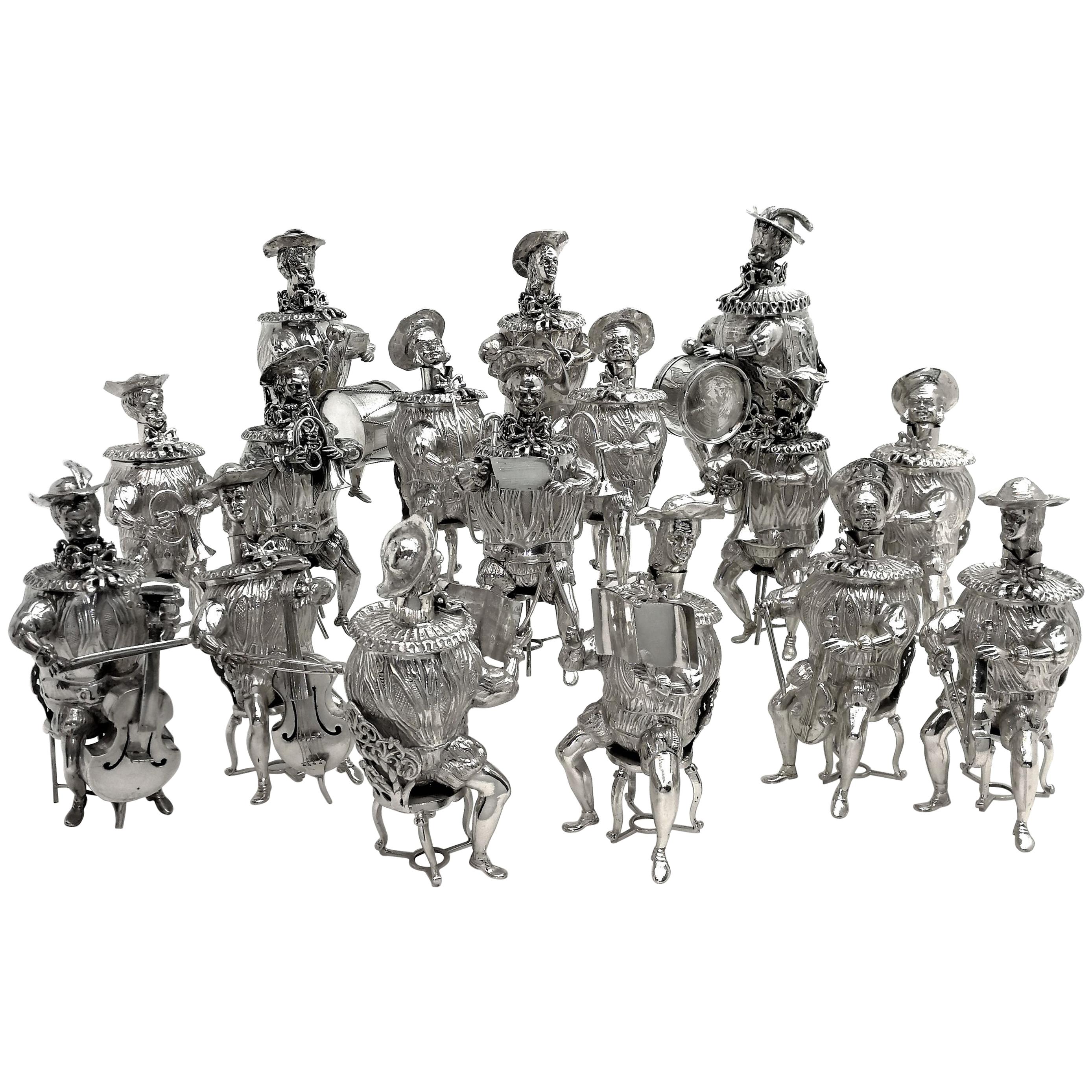 Set of 16 Solid Silver Musician Models Table Figures Hanau Germany, circa 1900