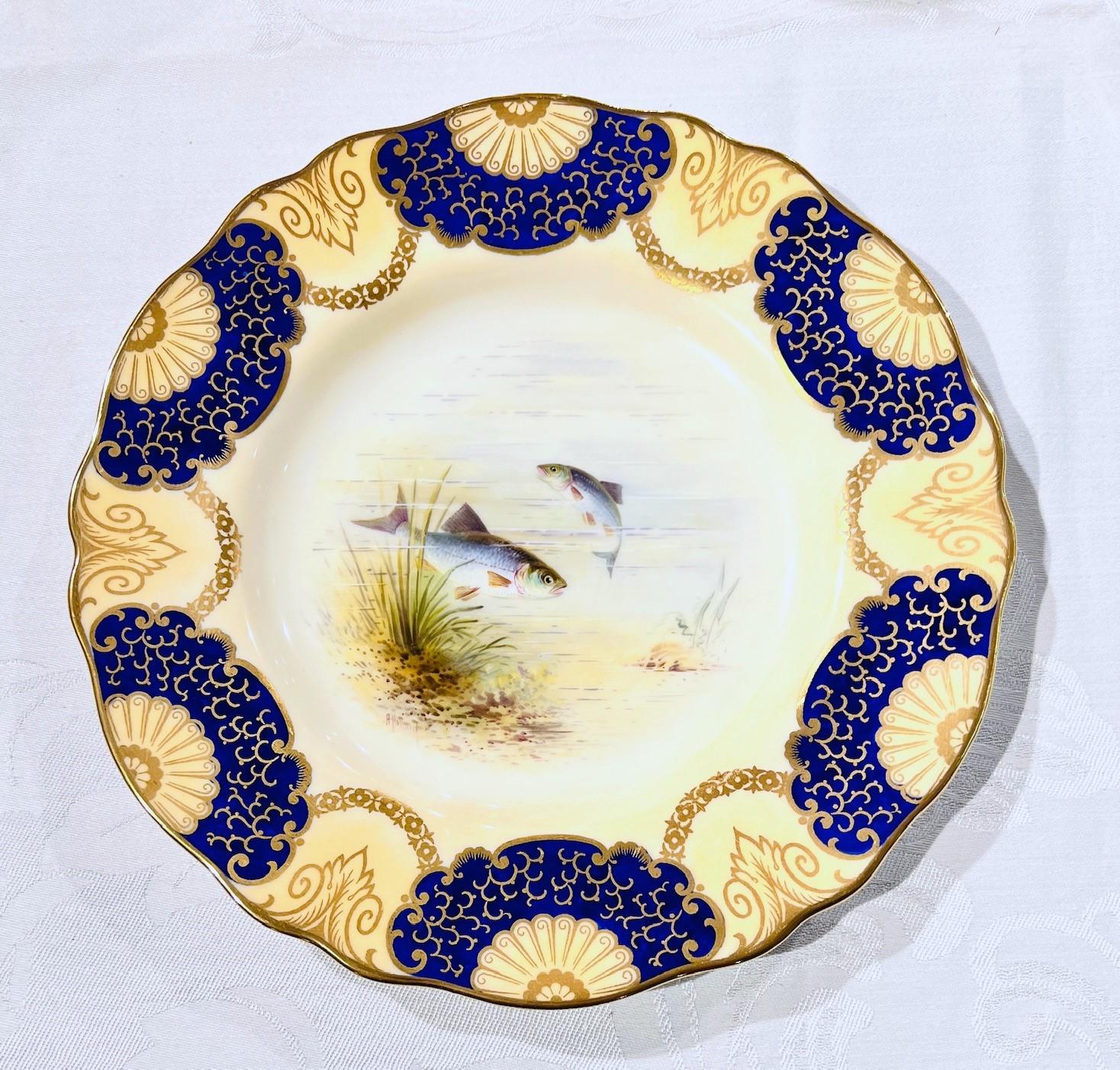 Aesthetic Movement Set of 16 Wedgwood Hand Painted Artist Signed Cobalt Gilt Fish Plates For Sale