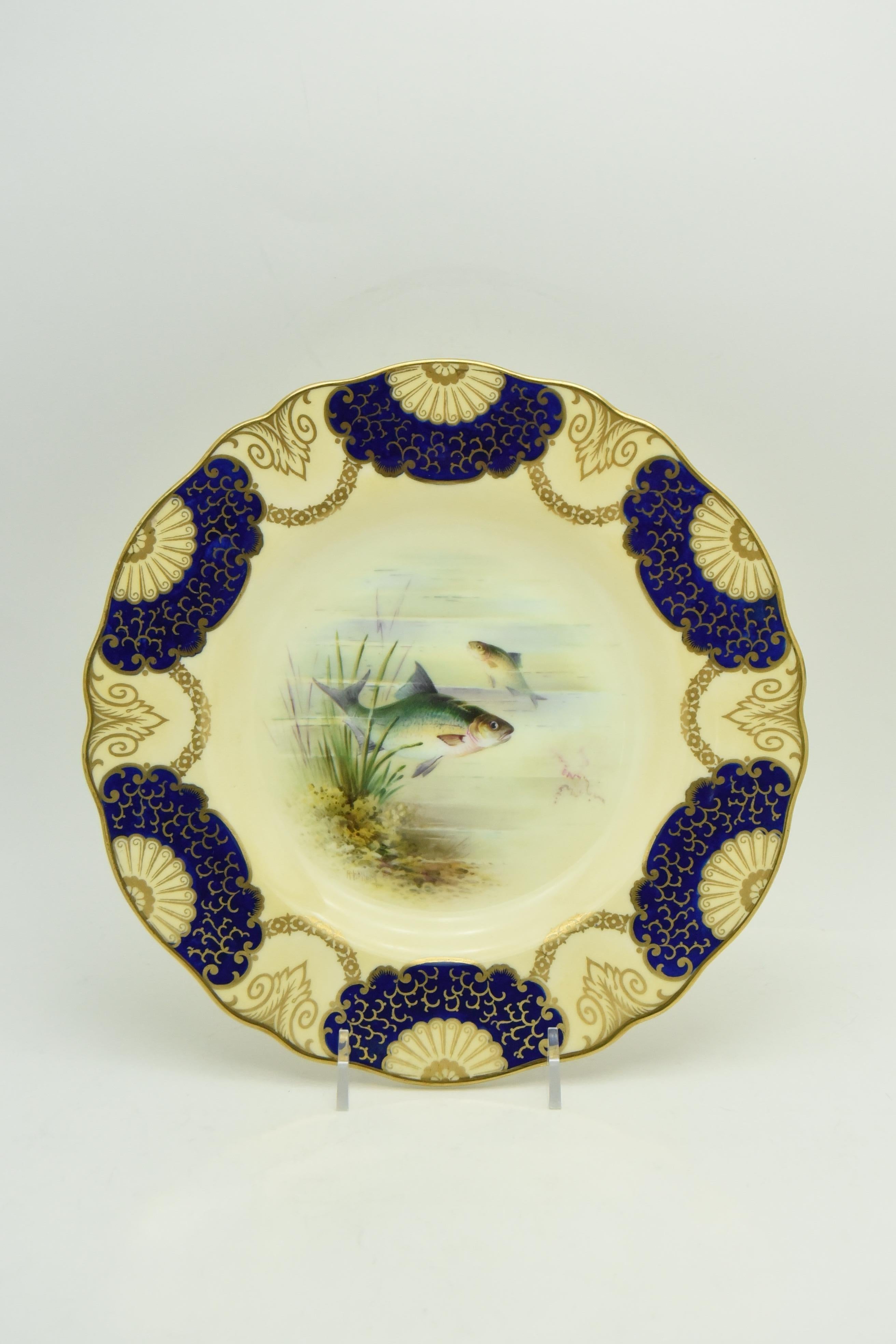 Set of 16 Wedgwood Hand Painted Artist Signed Cobalt Gilt Fish Plates In Good Condition For Sale In Great Barrington, MA