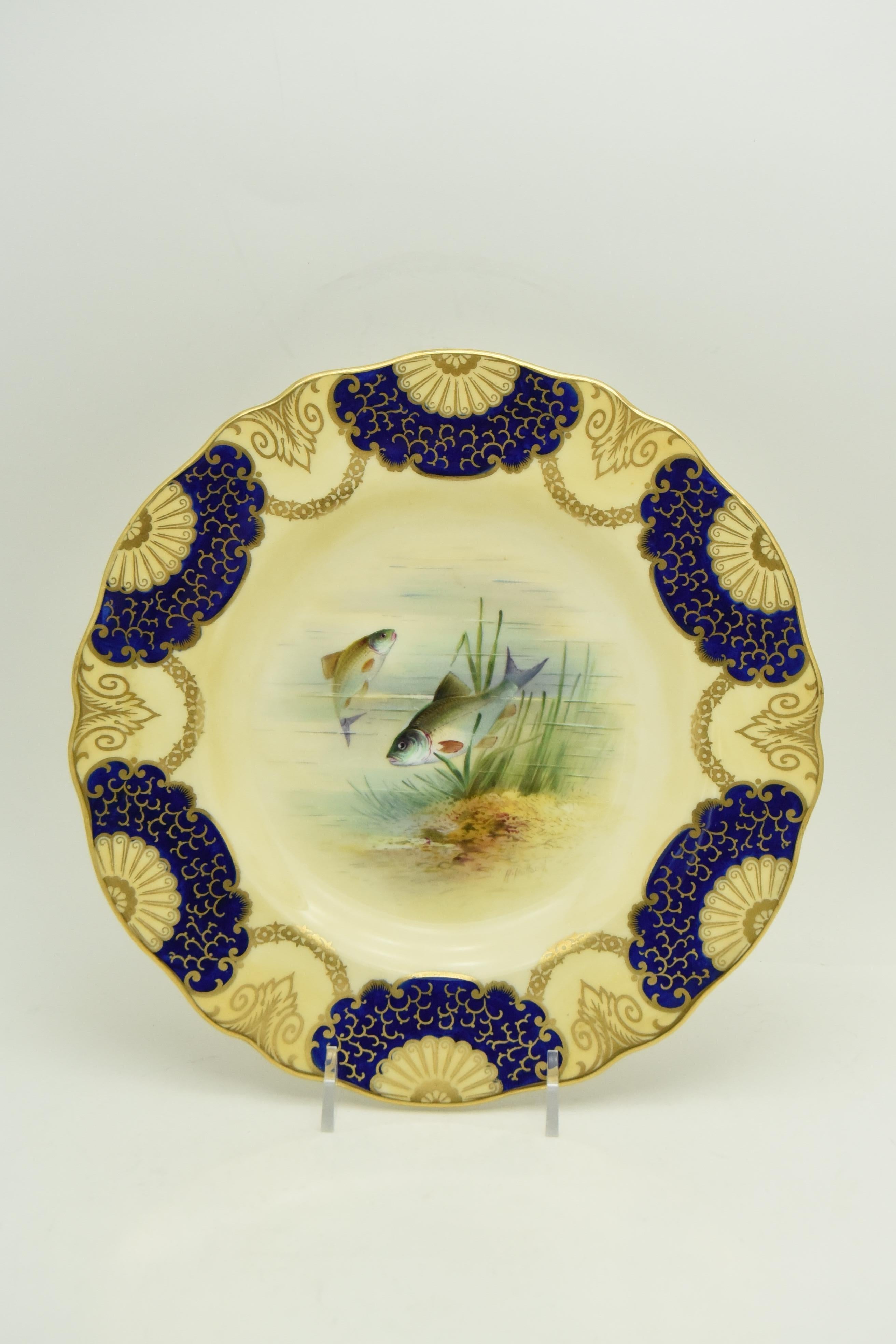 Porcelain Set of 16 Wedgwood Hand Painted Artist Signed Cobalt Gilt Fish Plates For Sale