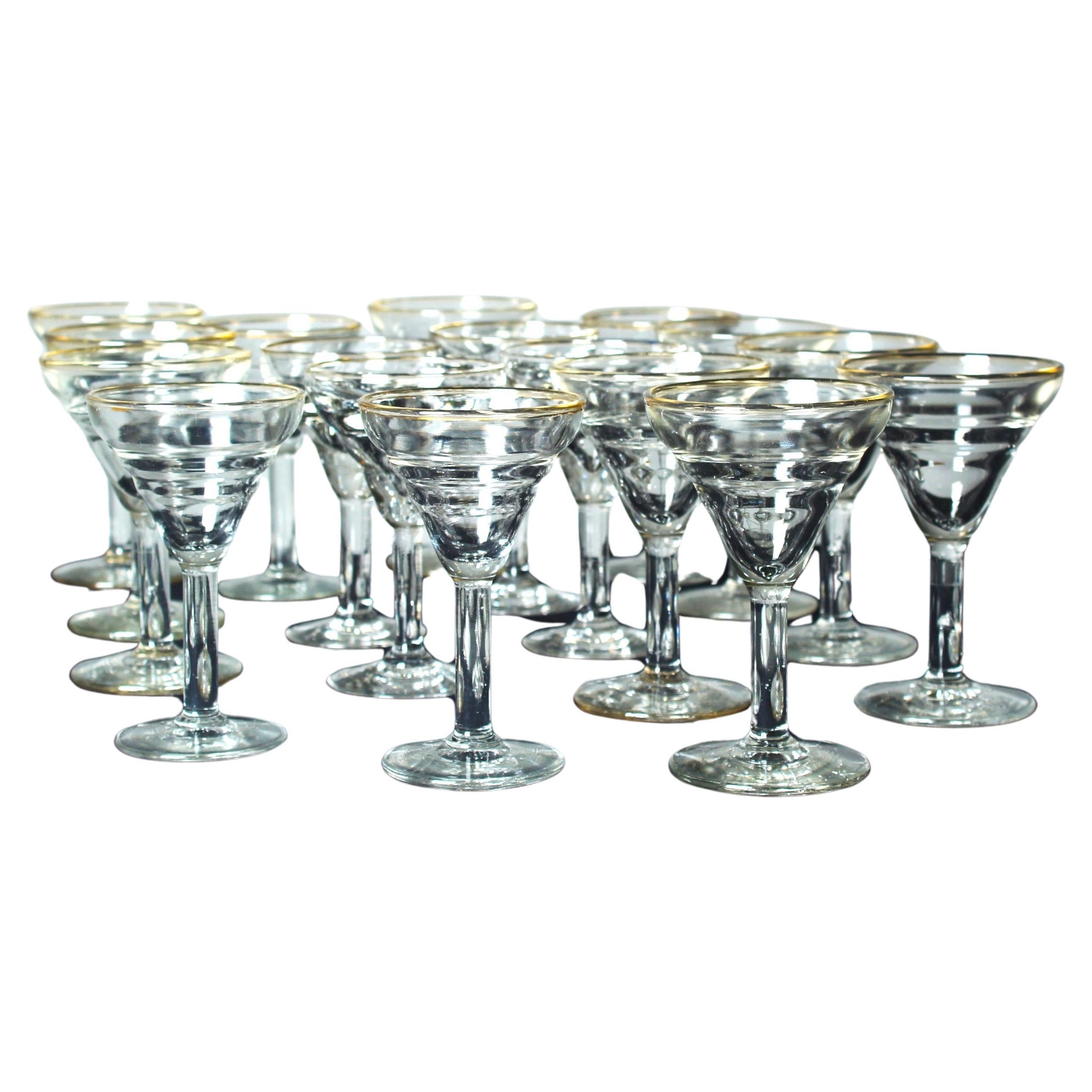 17 Art Nouveau Aperitif Glasses, 1900s, France, Crystal Glass With Gold Decor