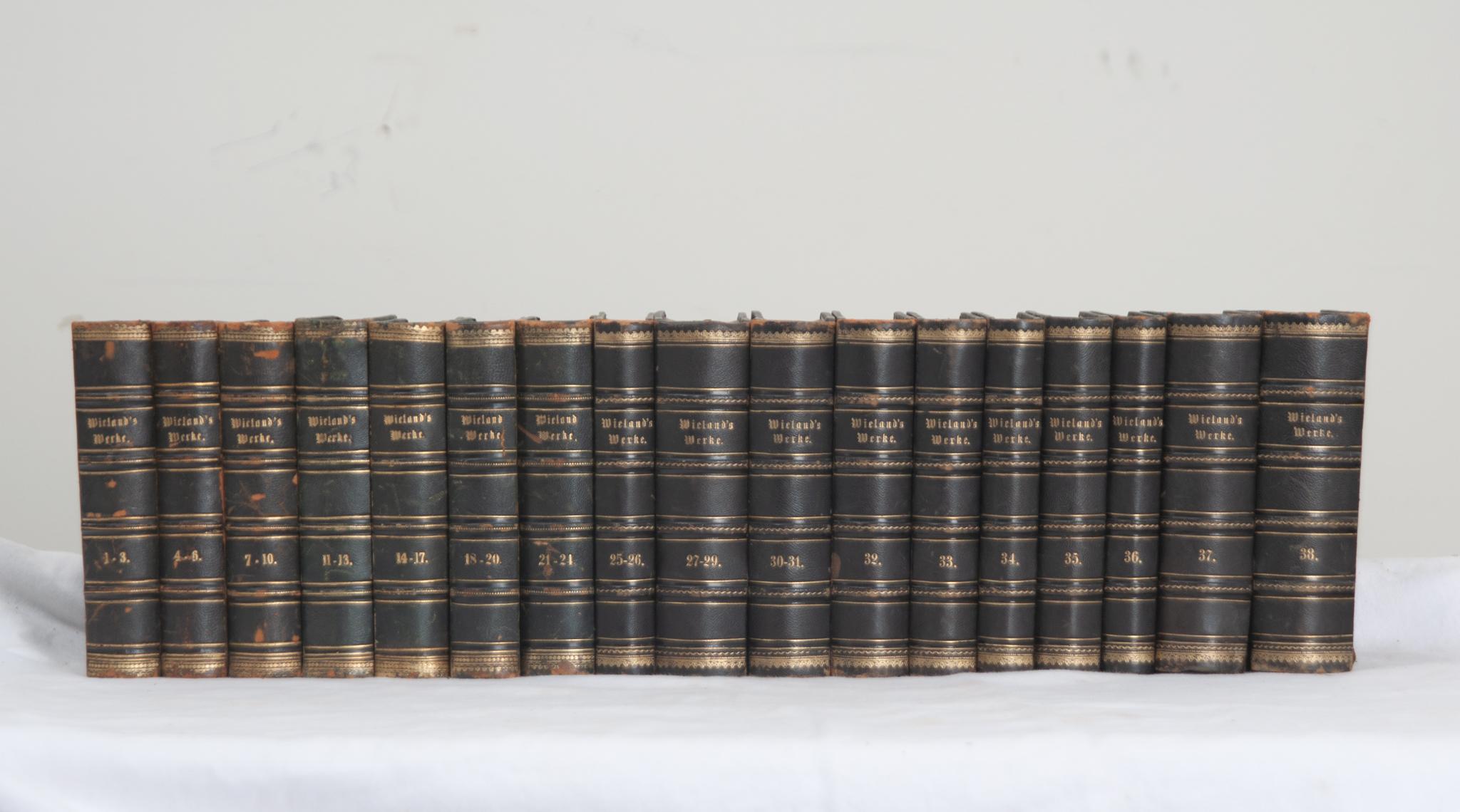 A collection of seventeen volumes of works by German poet and novelist Christoph Martin Wieland. This set of Wieland’s Werkes is bound in pressed fabric with gold lettering. Written in 1767, this set details the life and complete works of the famous