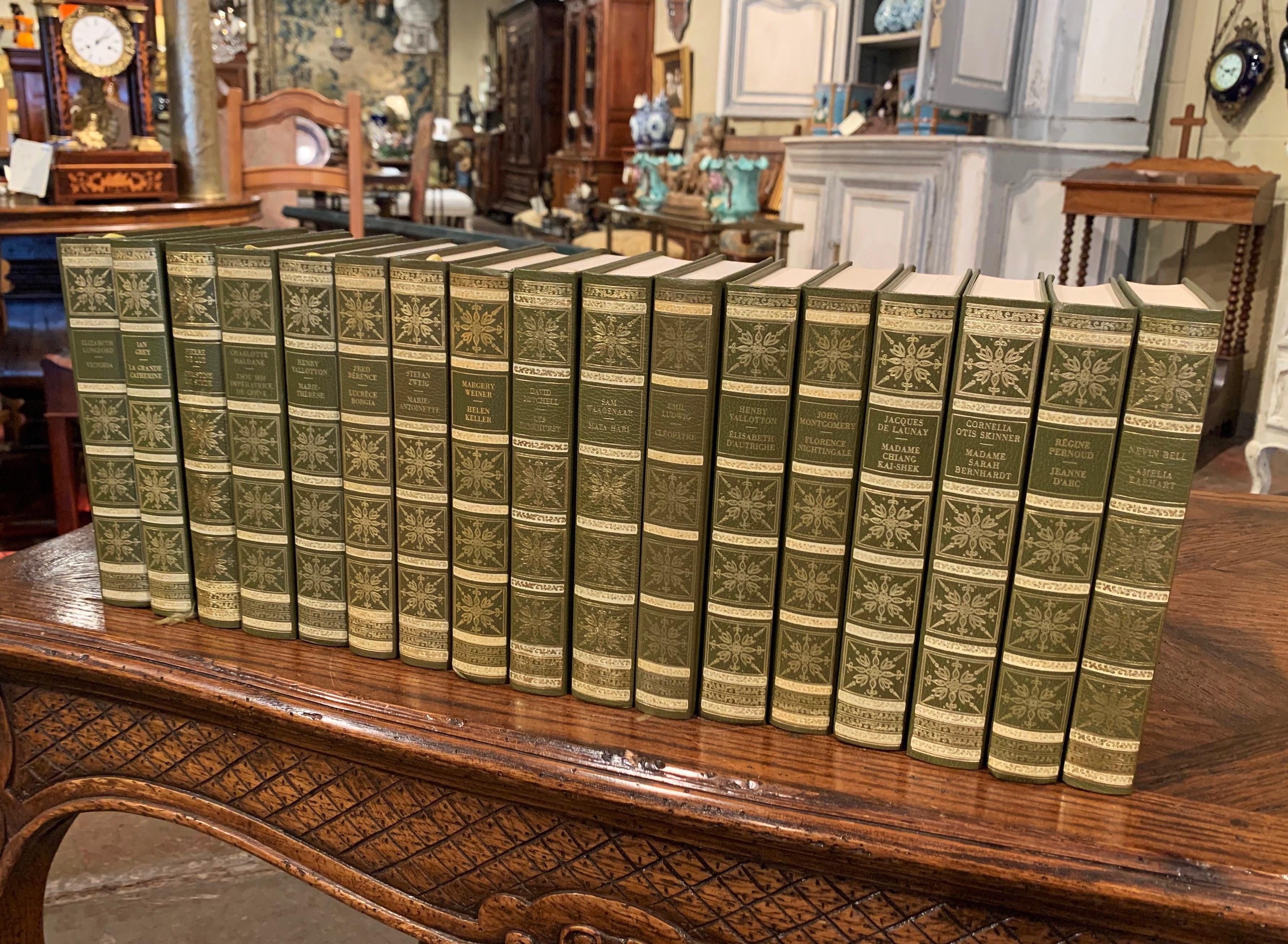 Decorate an office bookcase or library shelf with this elegant set of 17 vintage leather-bound books; printed in France circa 1971 by Bernard Grasset, each book illustrates the life of 