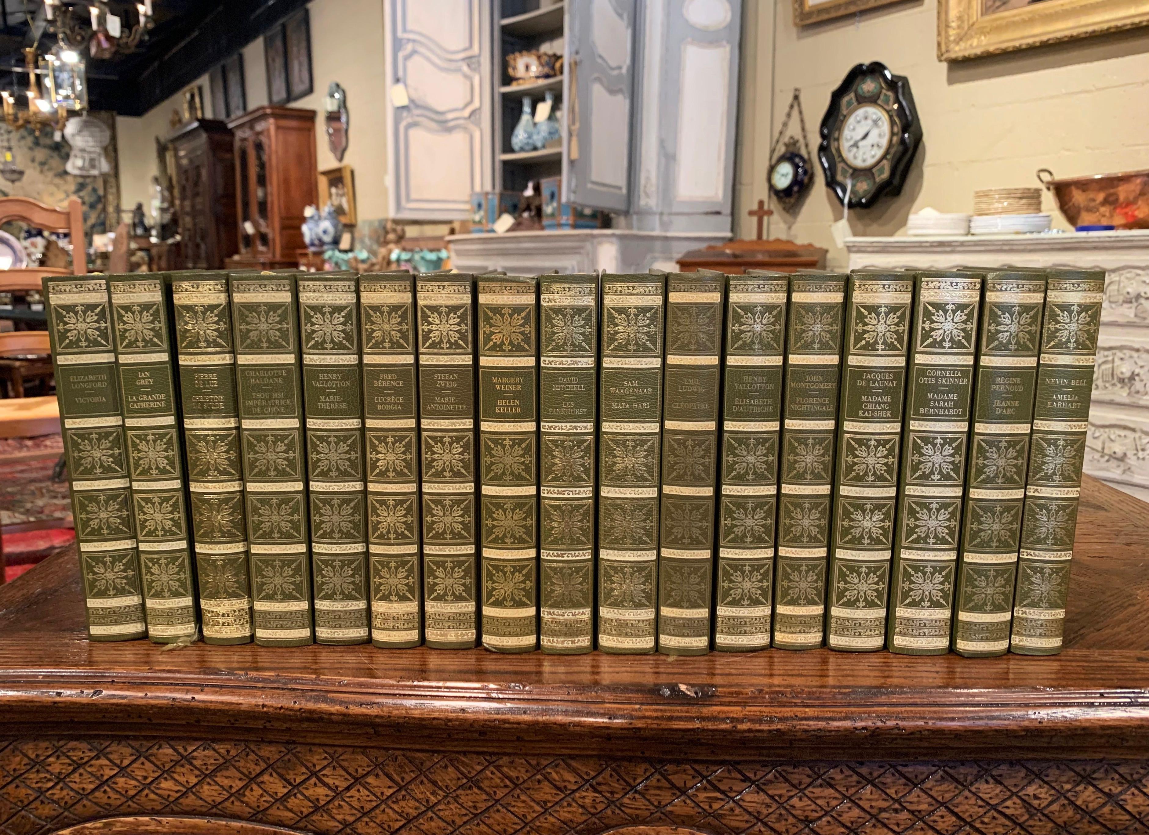 Embossed Set of 17 Green Leather and Gilt French Books 
