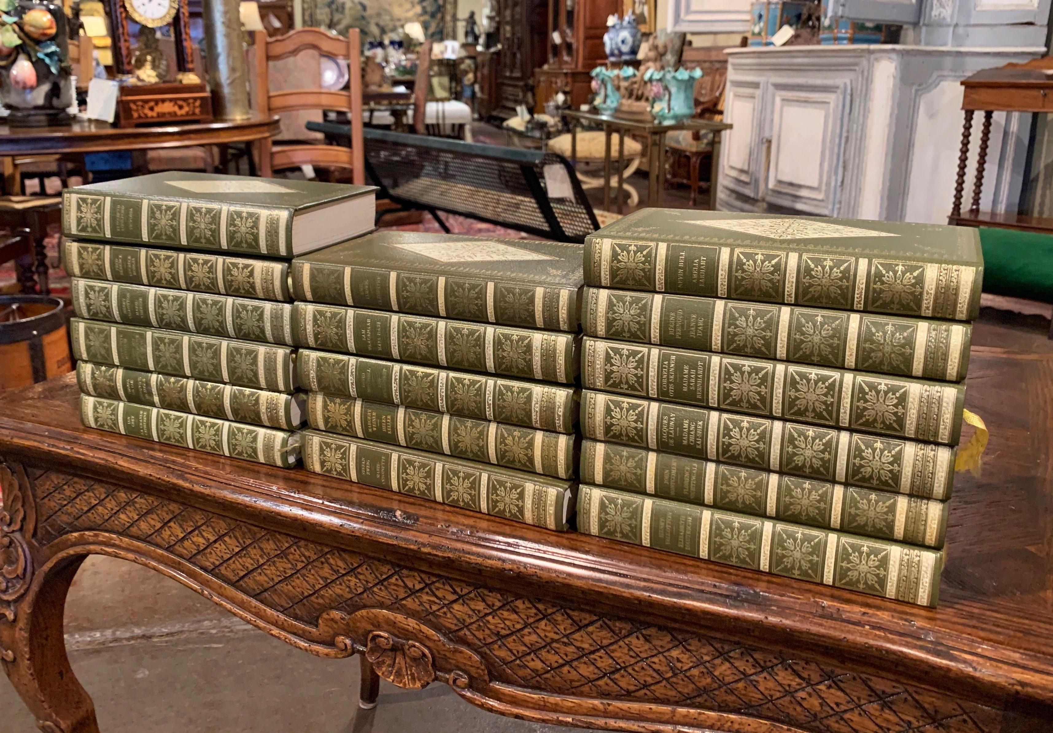 20th Century Set of 17 Green Leather and Gilt French Books 