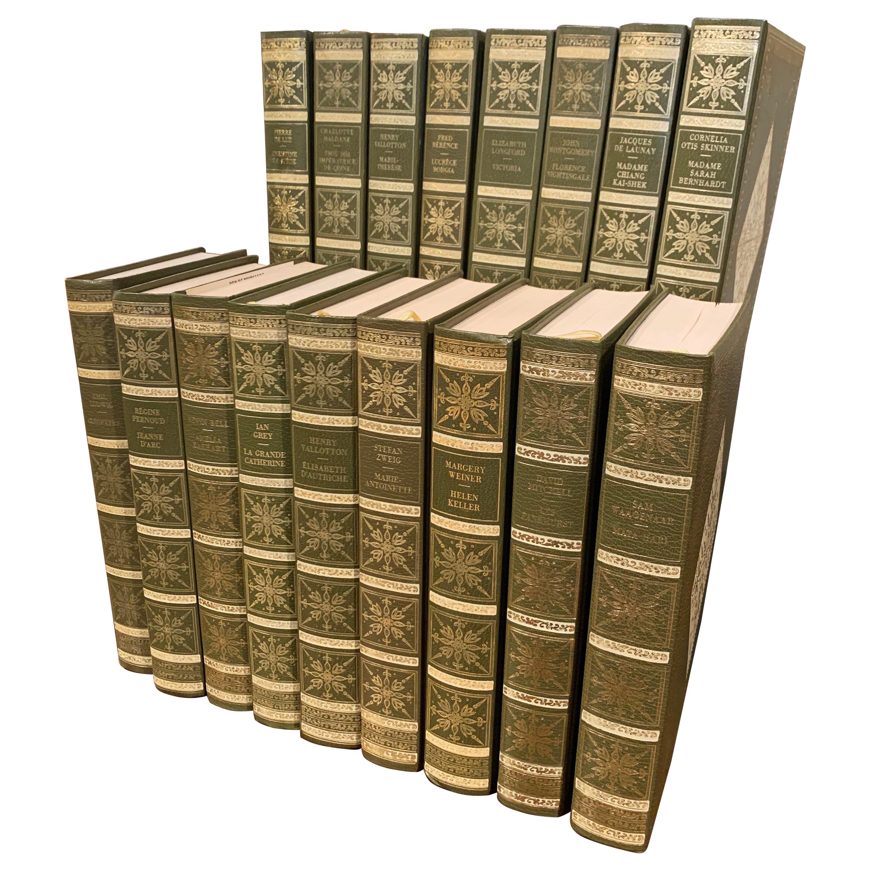 Set of 17 Green Leather and Gilt French Books "Les Femmes Celebres" Dated 1971