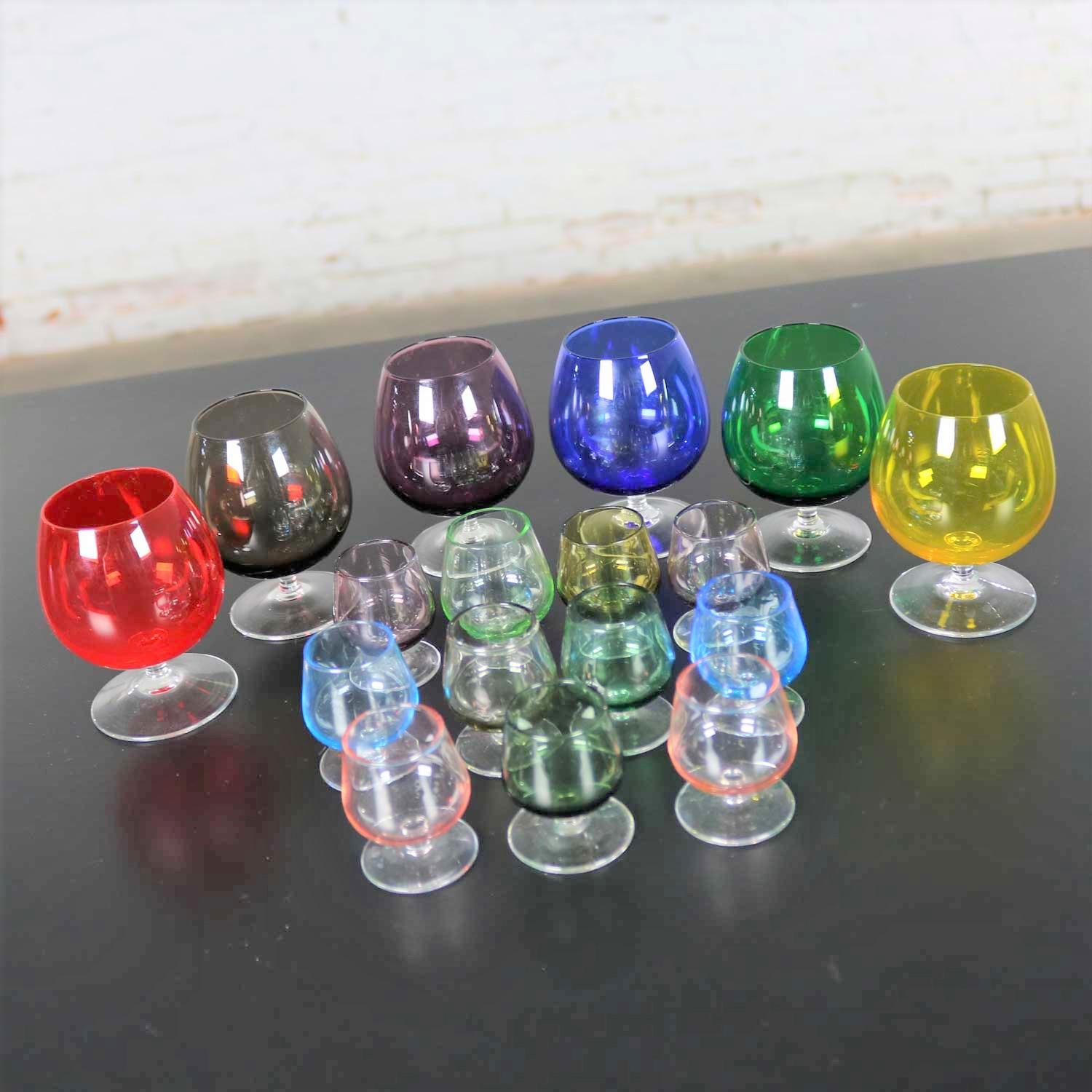 Mid-Century Modern Set of 17 Multi Color Snifter Cocktail Glasses in Two Sizes