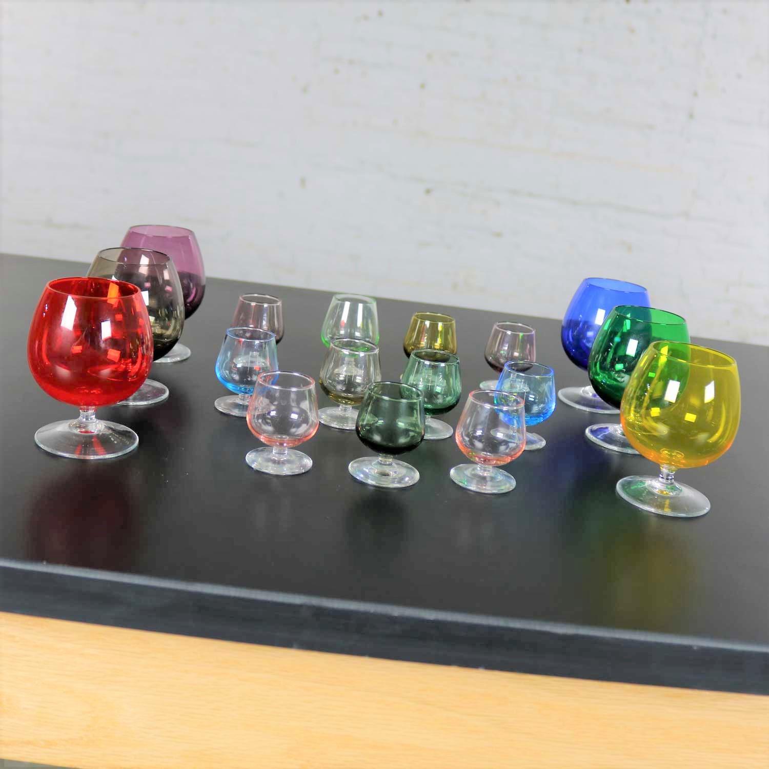 20th Century Set of 17 Multi Color Snifter Cocktail Glasses in Two Sizes