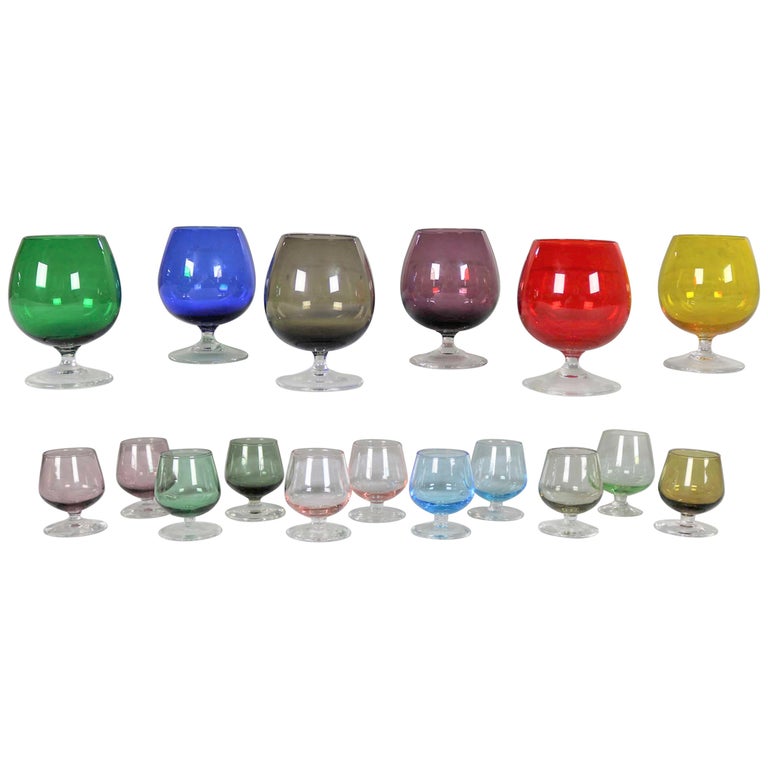 Set of 17 Multi Colour Snifter Cocktail Glasses in Two Sizes For Sale
