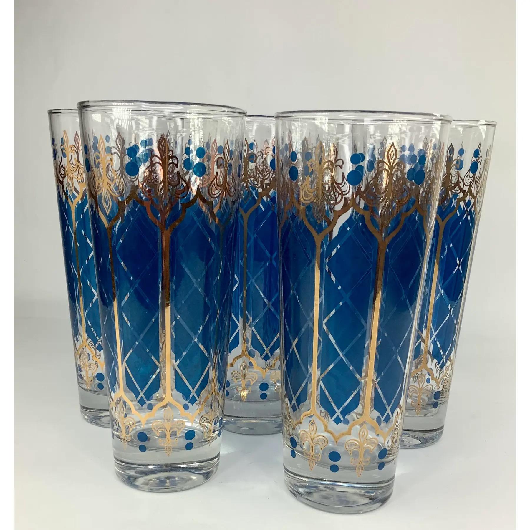Set von 17 blauen und goldenen verzierten Vintage-Cocktail-Set aus der Mitte des Jahrhunderts im Zustand „Gut“ im Angebot in Chapel Hill, NC