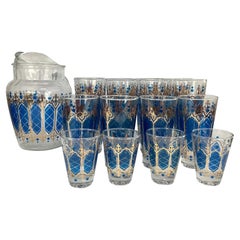 Set of 17 Vintage Mid Century Blue and Gold Decorated Cocktail Set
