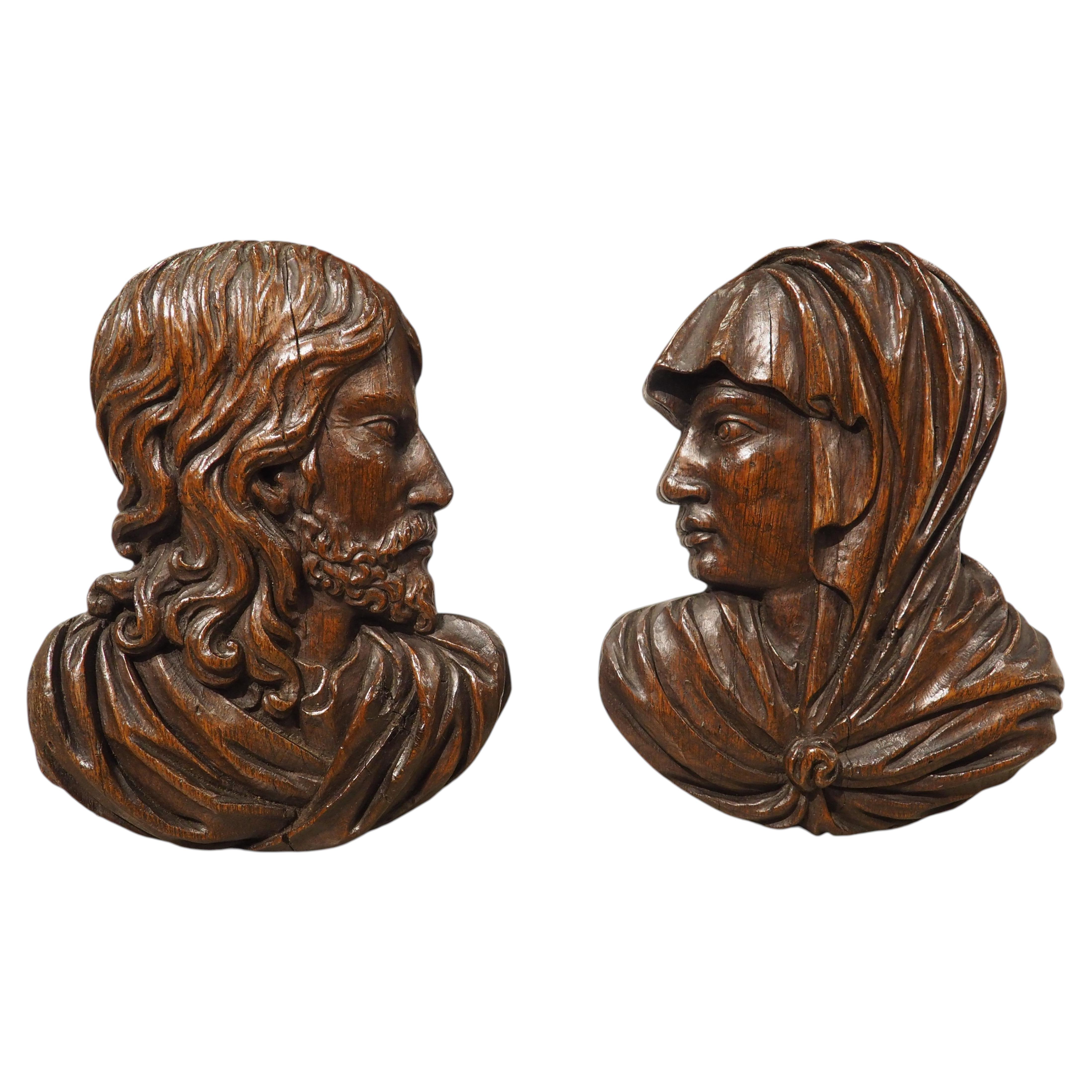 Set of 17th/18th Century French Carved Oak Renaissance Style Profile Busts For Sale