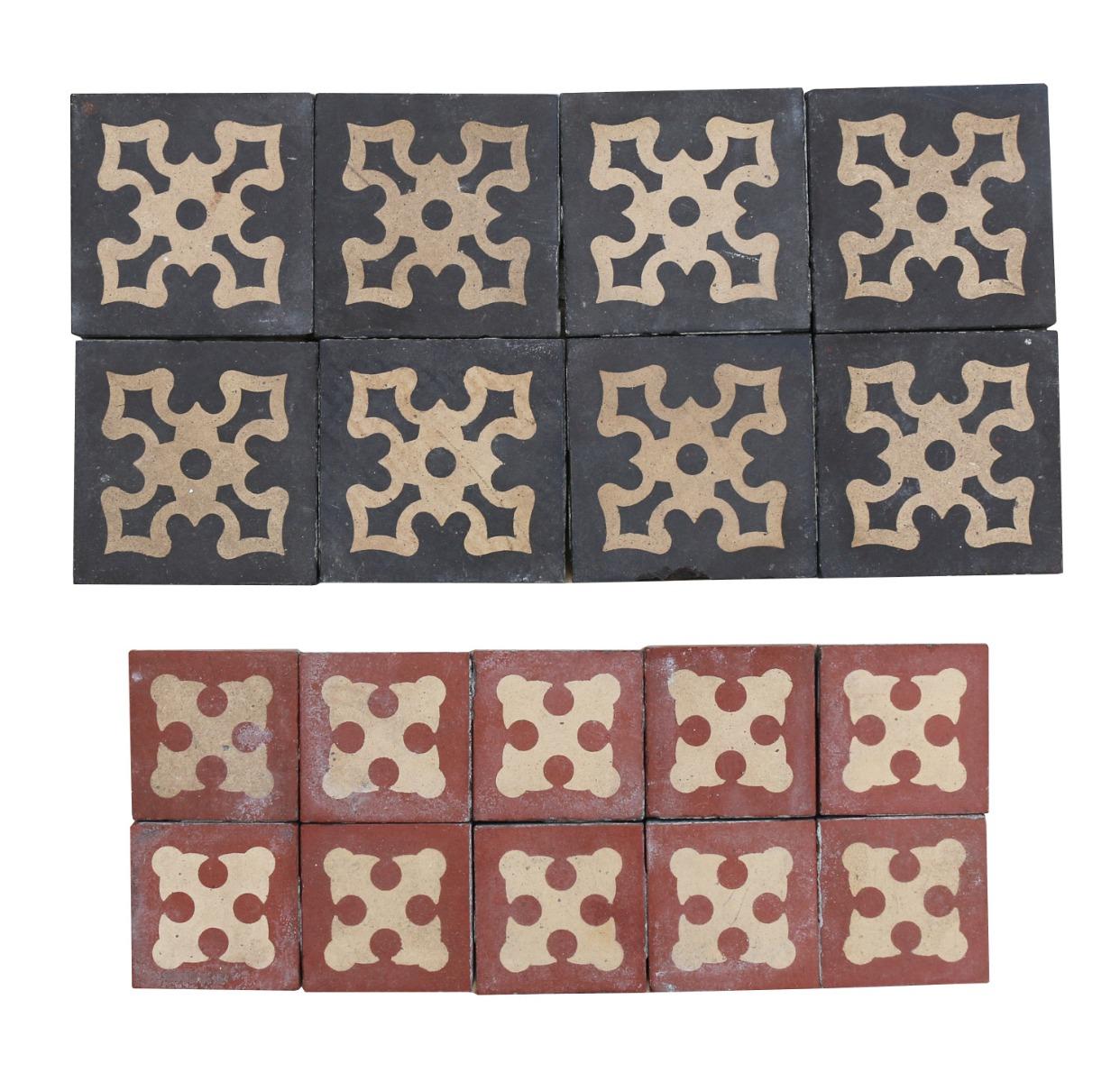 Set of 18 antique encaustic floor tiles.