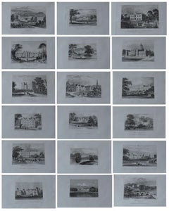 Set of 18 Antique Prints of English Country Houses and Gardens, C.1840