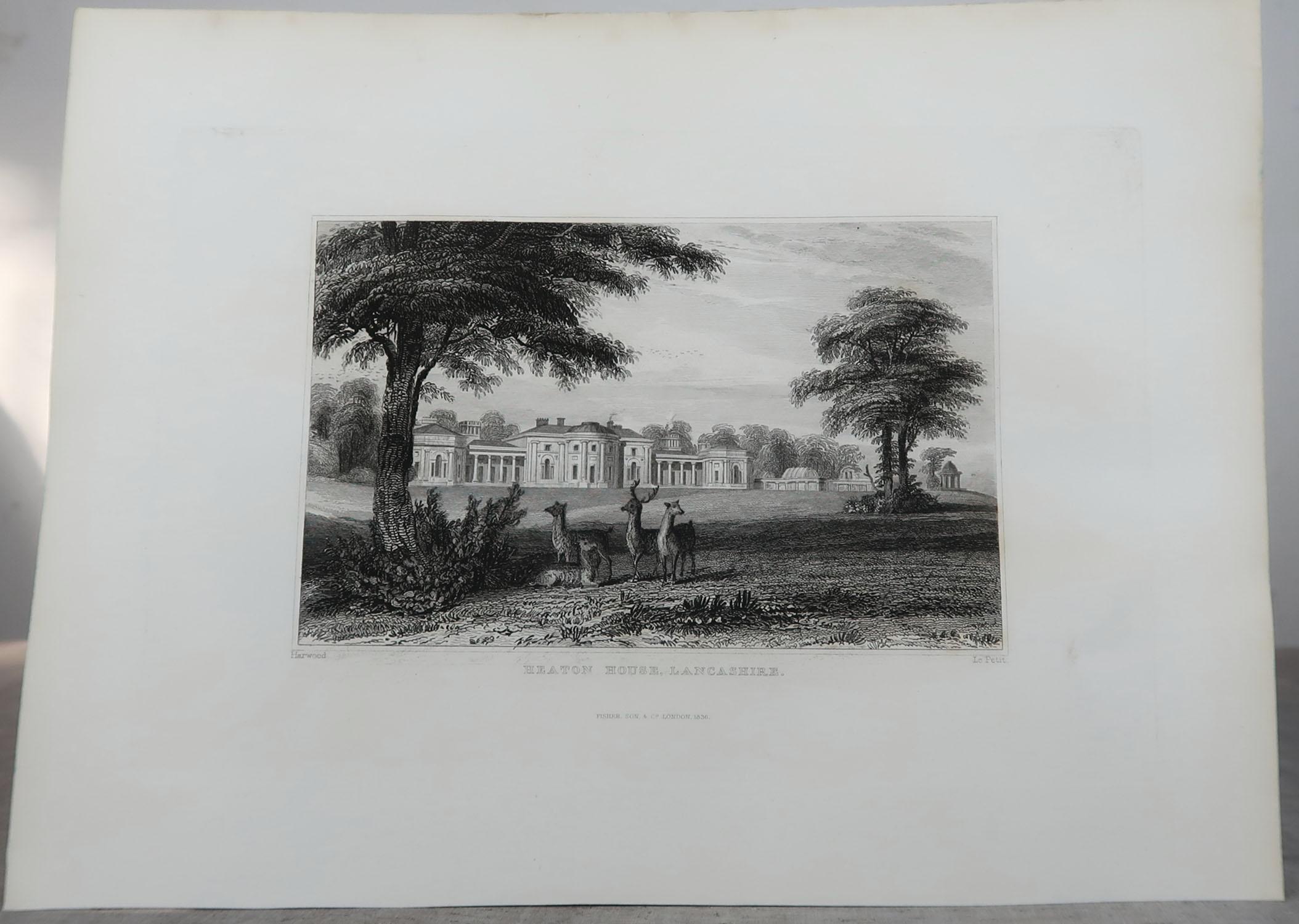 Glorious set of 18 architectural prints of English country houses or stalely homes.

Fine steel engravings.

Published by Fisher.

Most of them have dates on, 1831-1836

Unframed.

The measurement given is the paper size of one