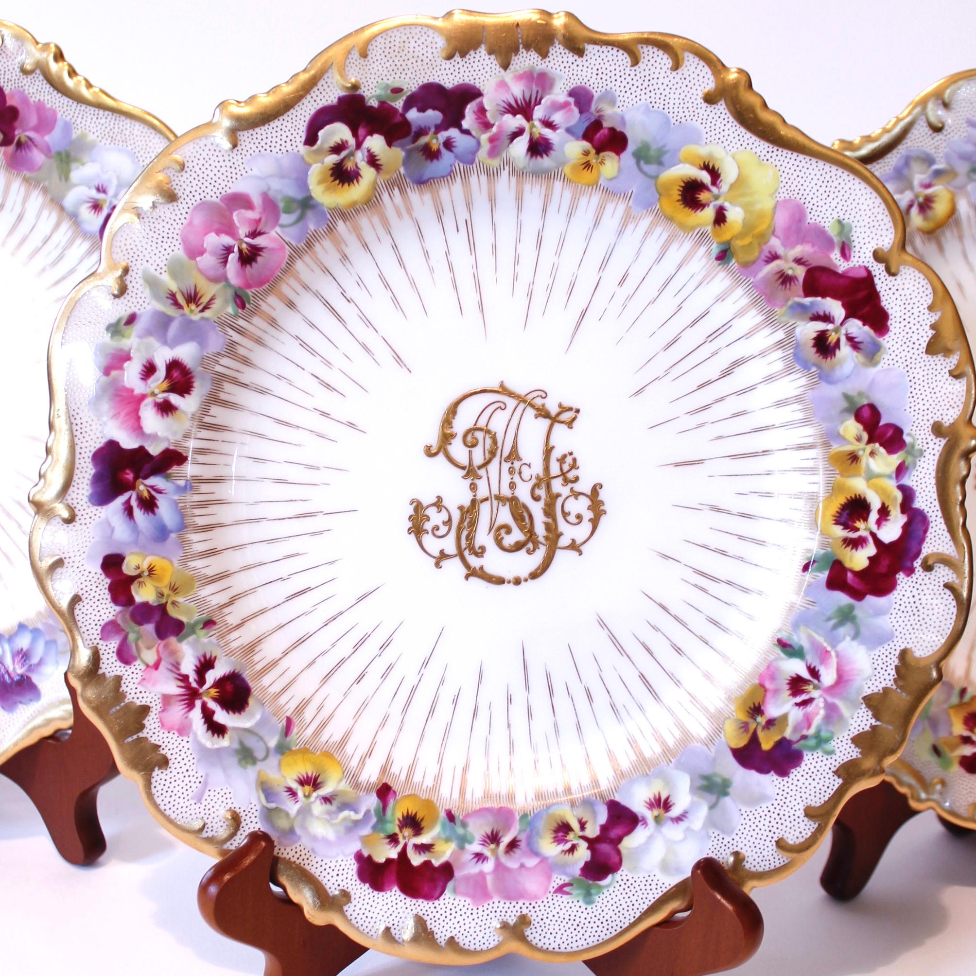 Set Of 18 Cauldon Gilt Decorated Porcelain Dessert Plates With Pansies 5