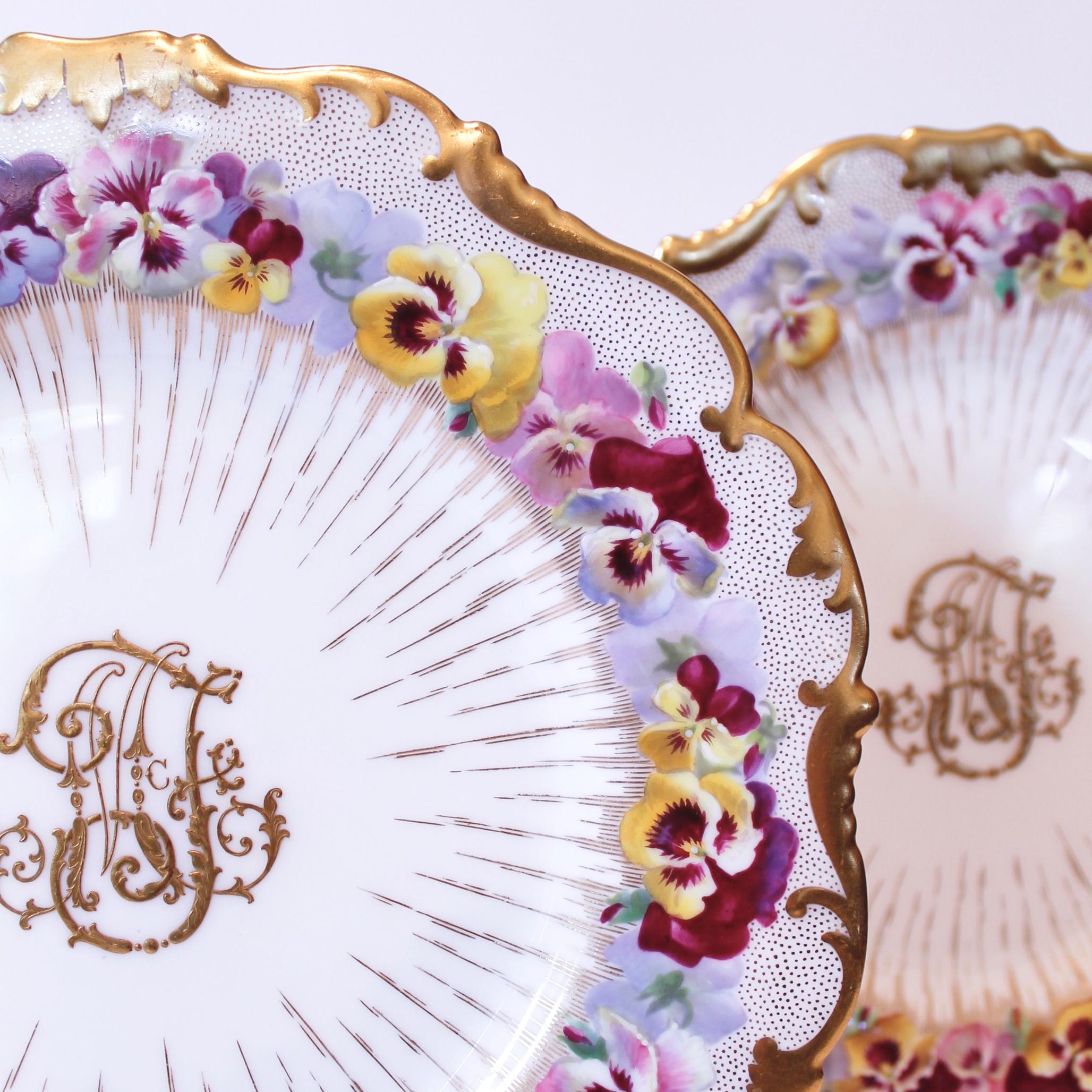 English Set Of 18 Cauldon Gilt Decorated Porcelain Dessert Plates With Pansies