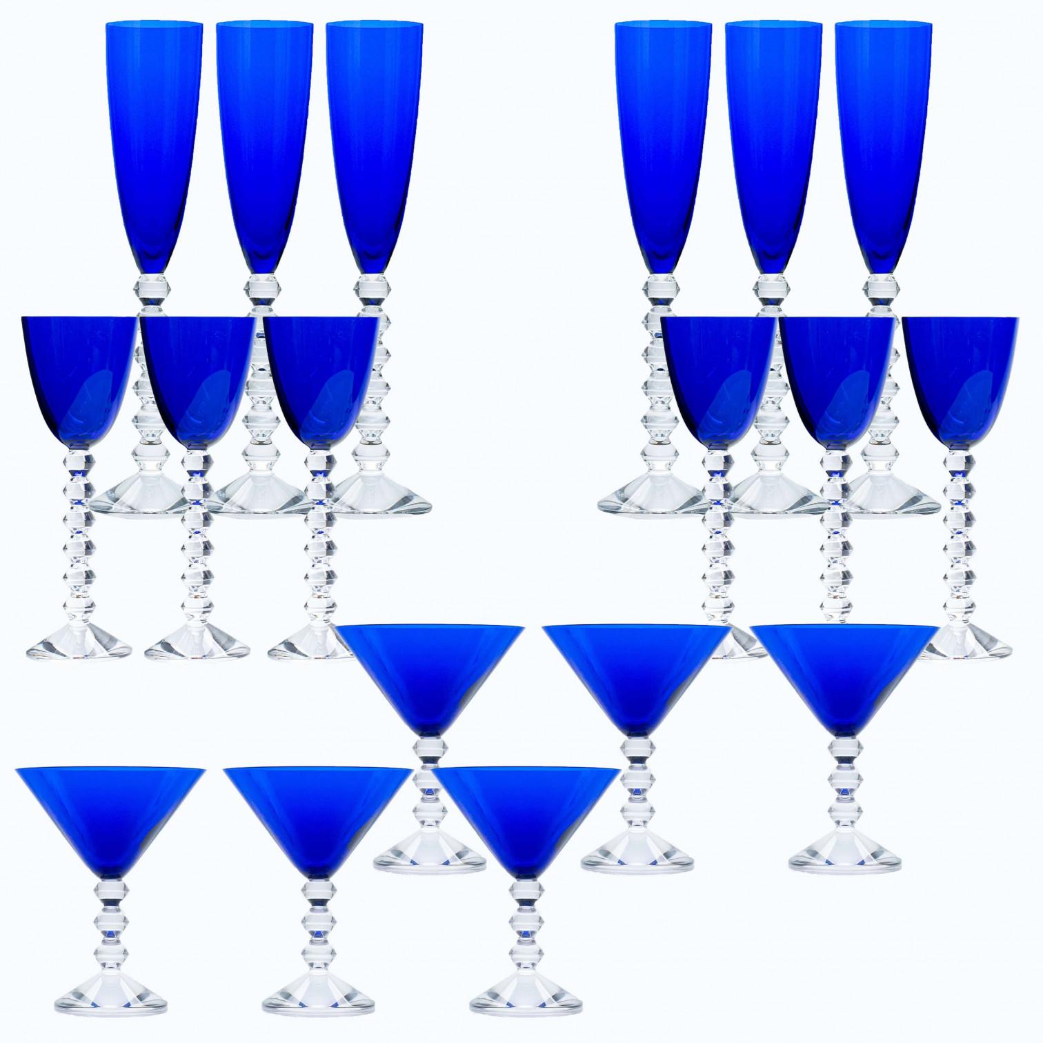 Other Set of 18 Exquise Deep Blue Baccarat Crystal glasses, France For Sale