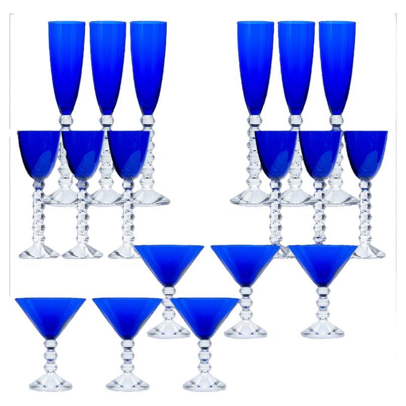 Set of 18 Exquise Deep Blue Baccarat Crystal glasses, France For Sale