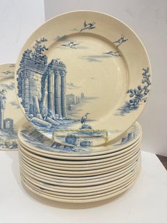 Set Of 18 French Faience Blue & White Architectural Dinner Plates, Gien, C.1900