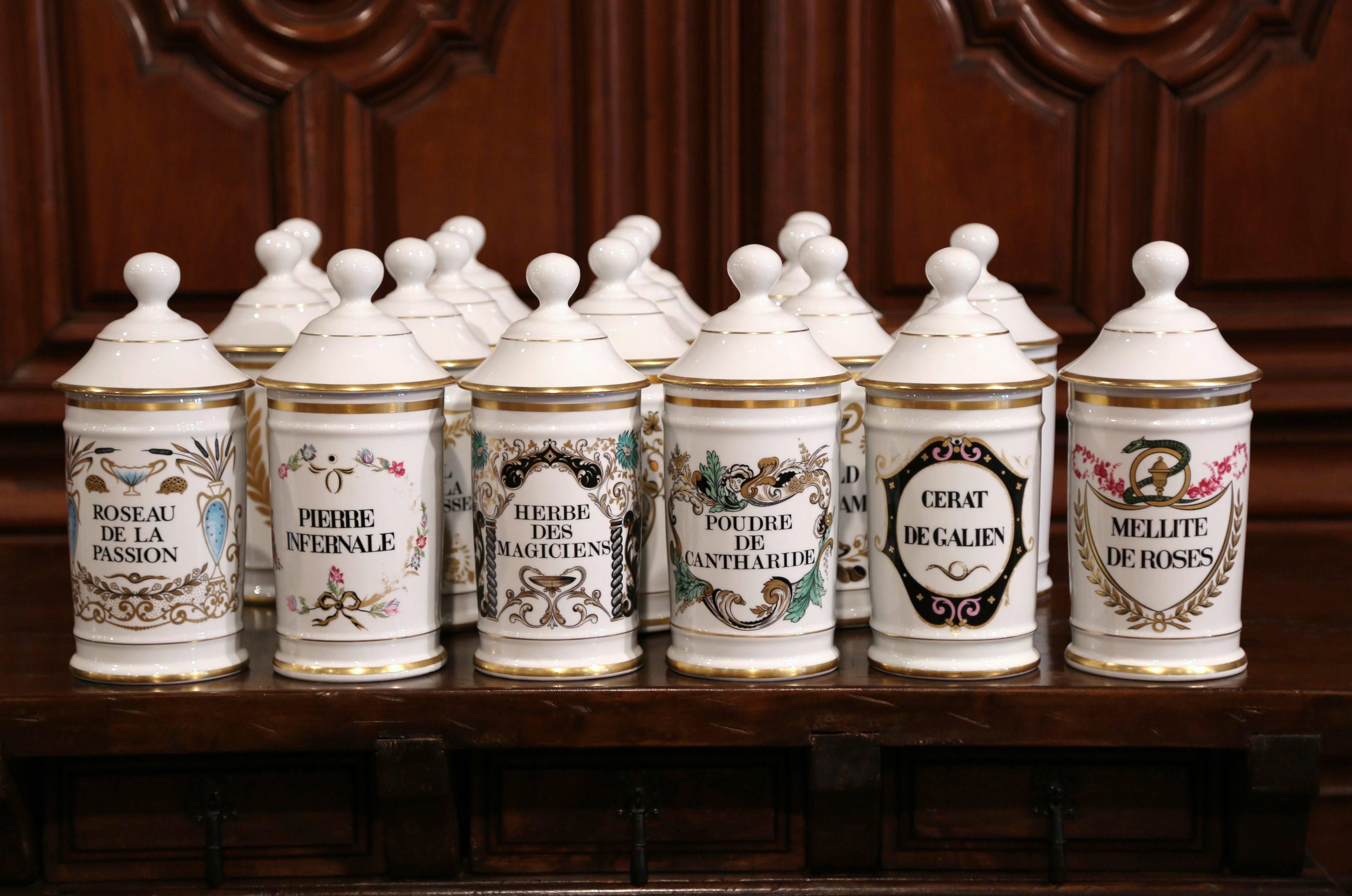 Hand-Painted Mid-20th Century French Apothecary or Pharmacy Pots from Limoges, Set of 18