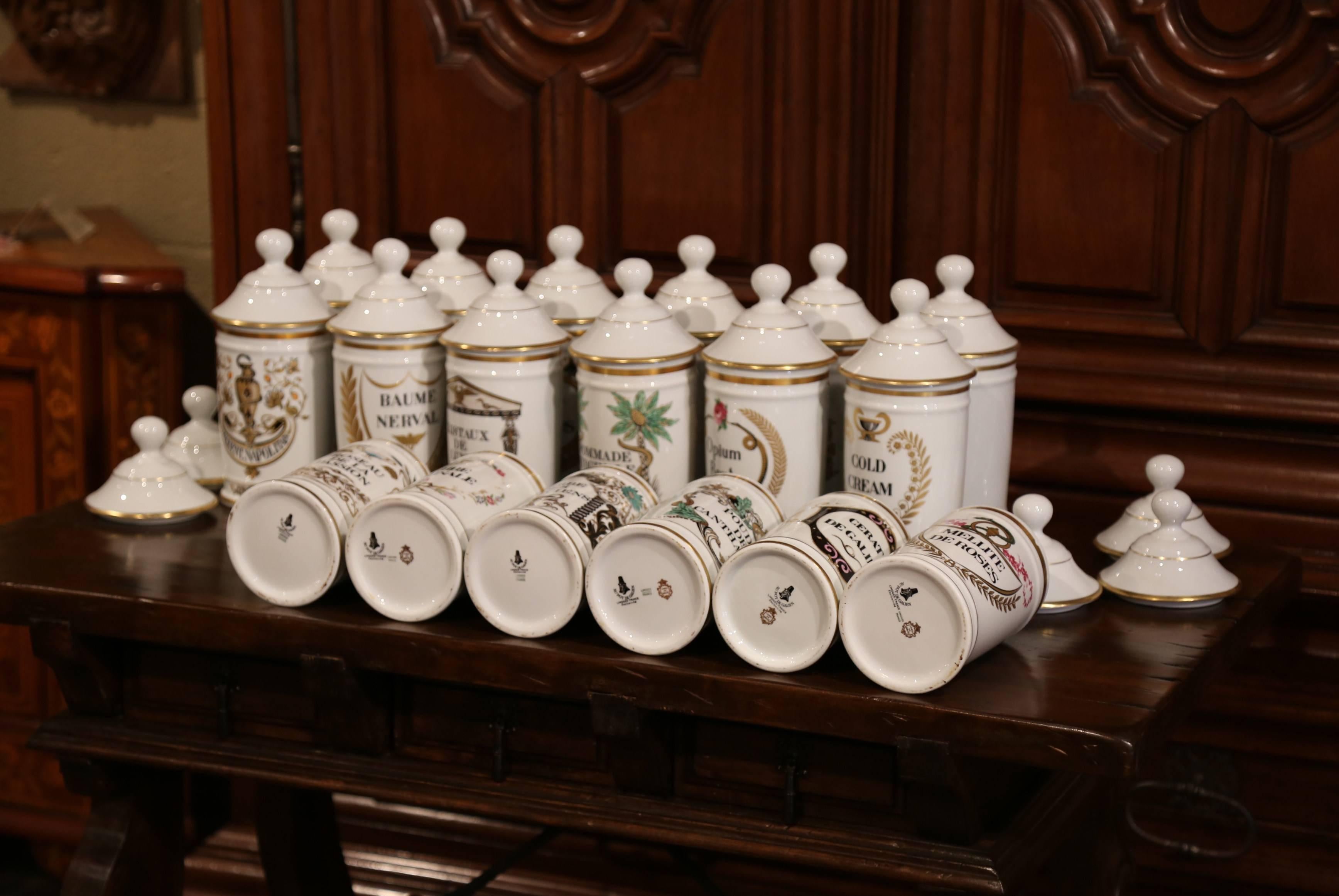 Porcelain Mid-20th Century French Apothecary or Pharmacy Pots from Limoges, Set of 18