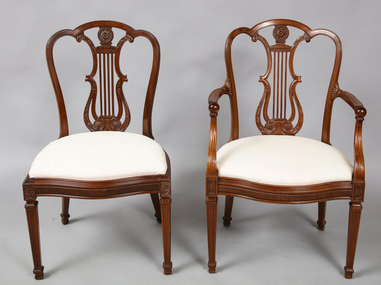 Very fine set of 18 dining chairs in the manner of John Linnell, England circa 1890, having lyre and acanthus carved back splats with central rosette, over stepped and shaped aprons with ribbed carving, standing on square tapered legs with patera