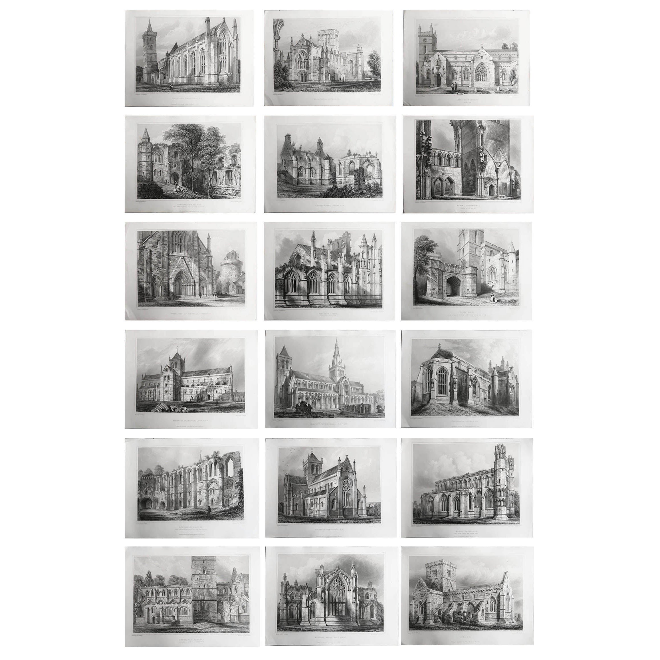 Ensemble de 18 estampes architecturales gothiques (Écosse) d'après Robert Billings. 1848