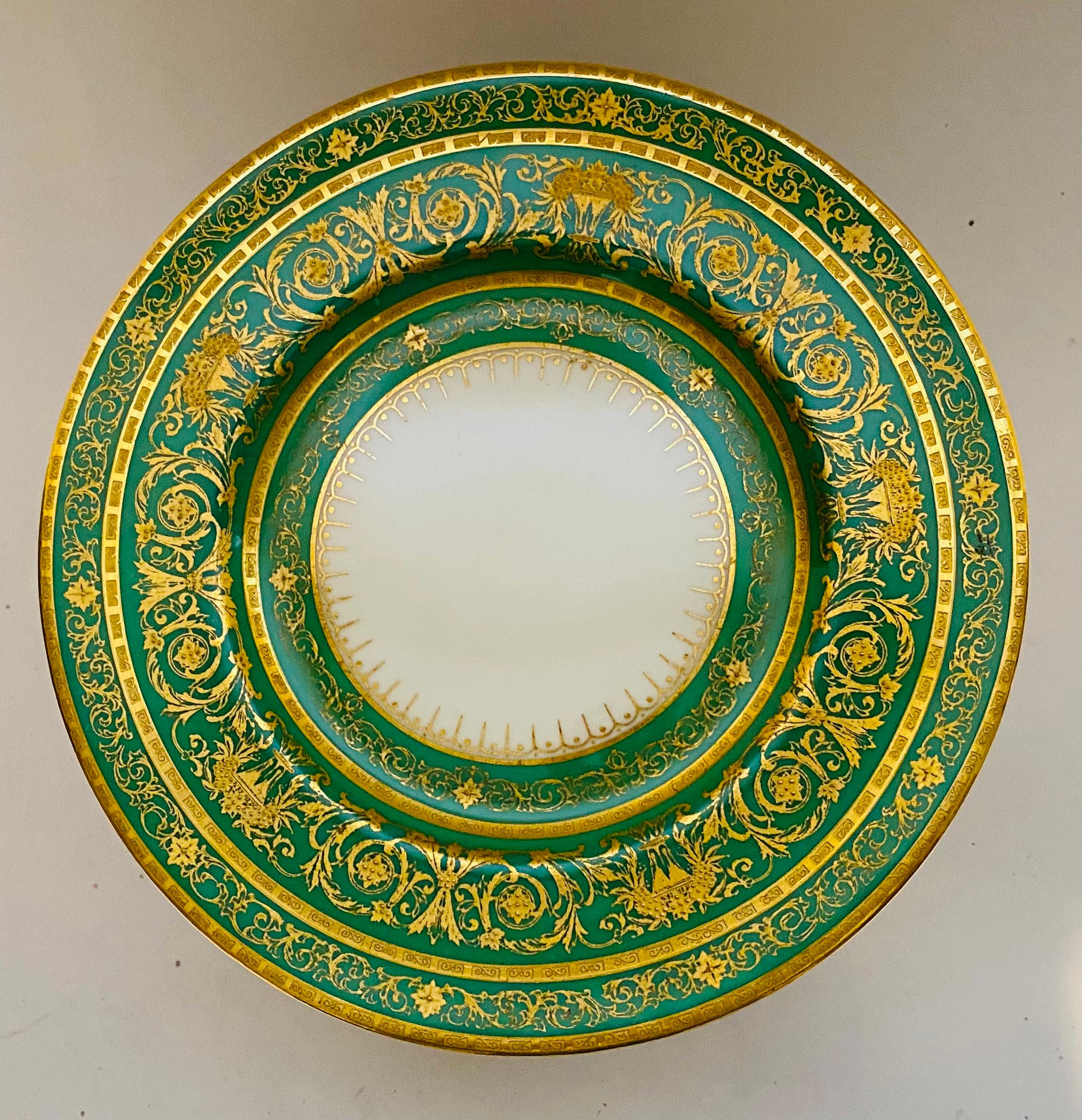 Neoclassical Set of 18 Green & Heavily Gilt Encrusted Dessert/Salad Plates Antique English