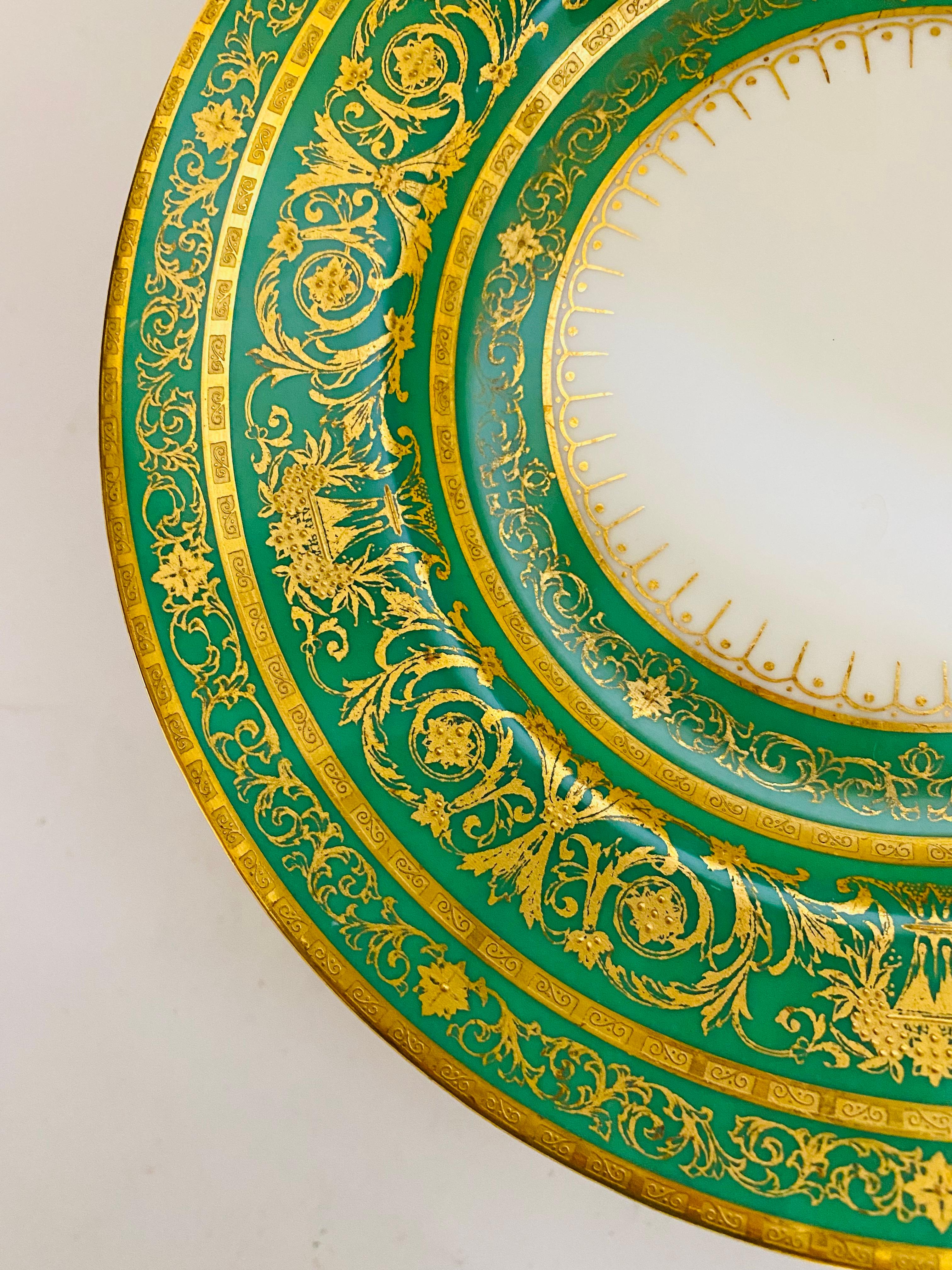 Hand-Crafted Set of 18 Green & Heavily Gilt Encrusted Dessert/Salad Plates Antique English