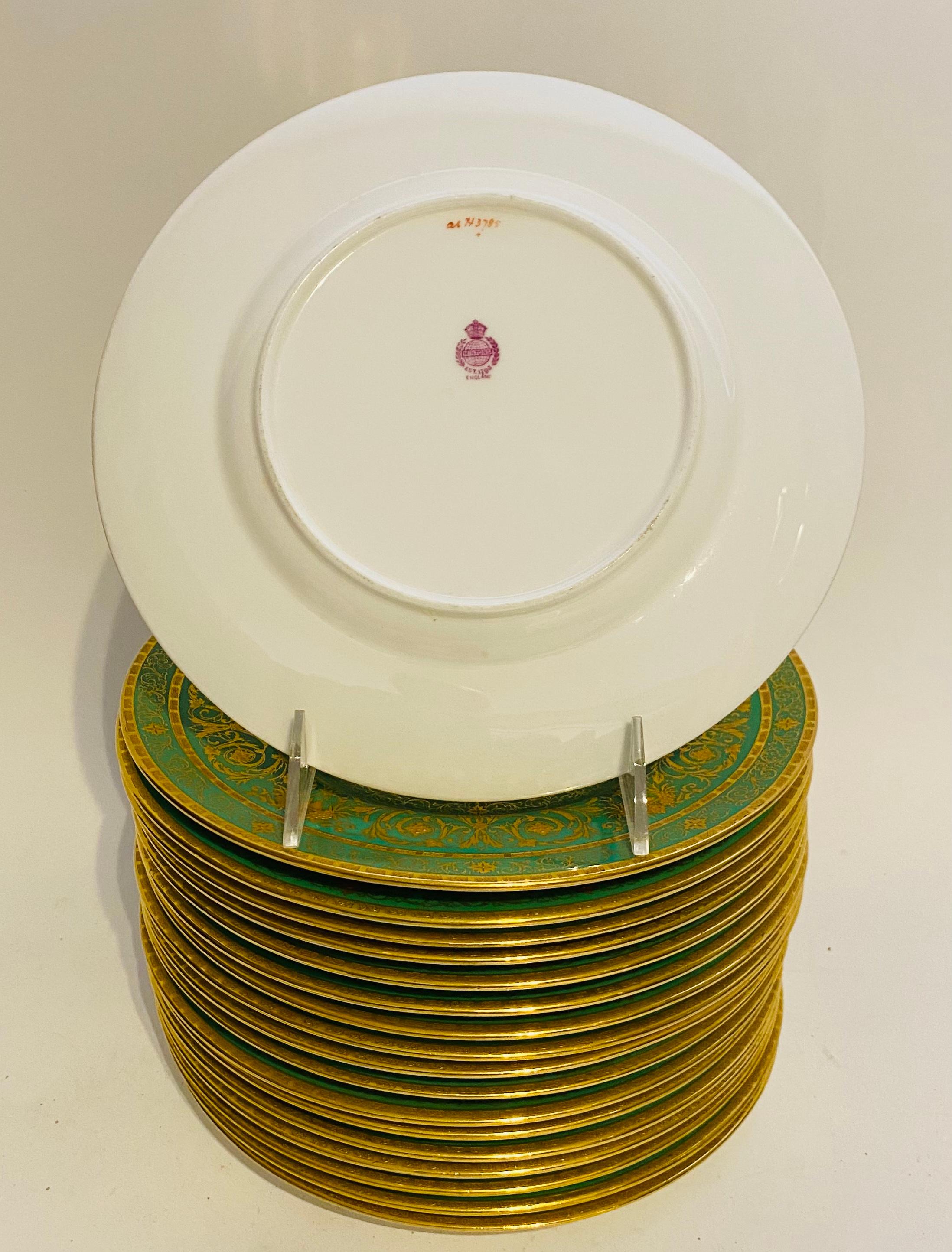 Set of 18 Green & Heavily Gilt Encrusted Dessert/Salad Plates Antique English In Good Condition In West Palm Beach, FL