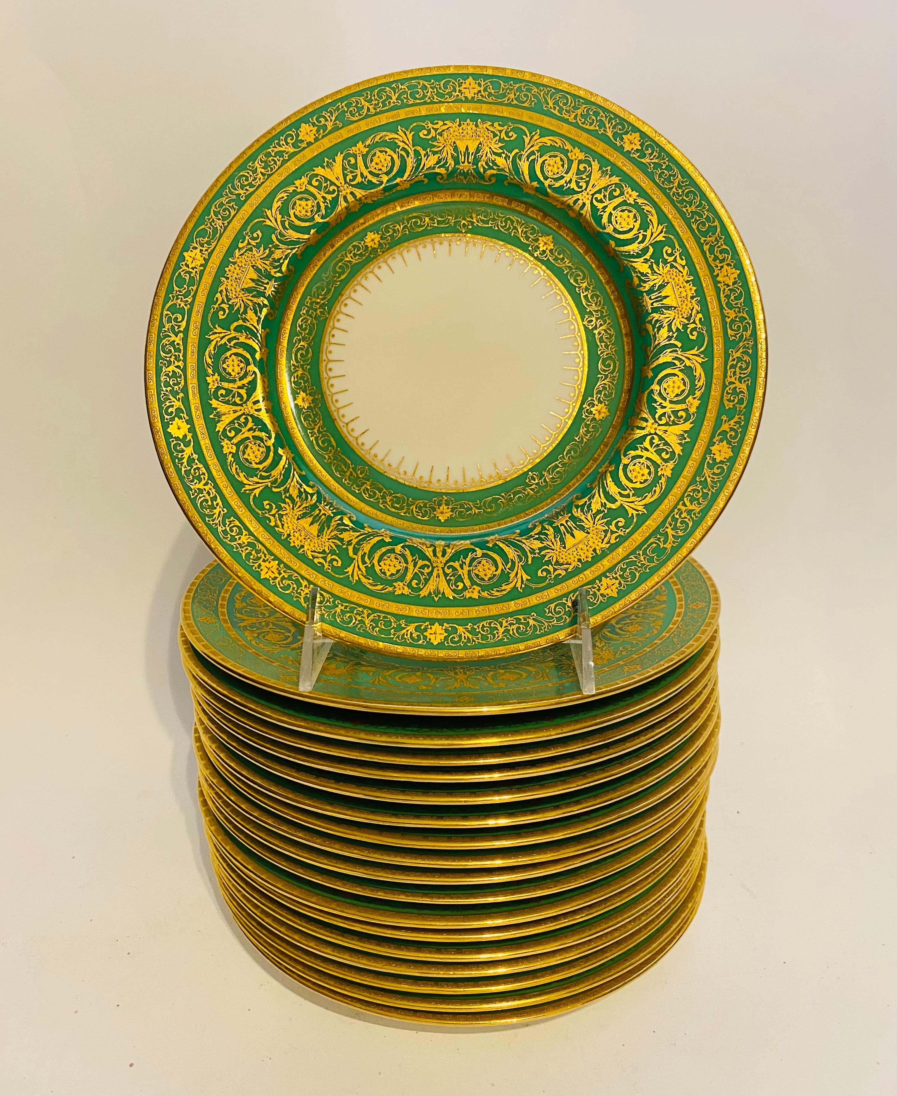 Early 20th Century Set of 18 Green & Heavily Gilt Encrusted Dessert/Salad Plates Antique English
